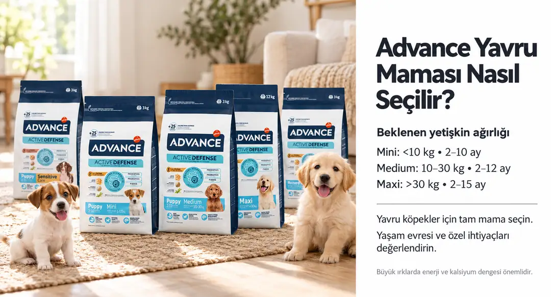 &nbsp; Advance yavru köpek mamaları, ırk boyutuna göre (Mini, Medium, Maxi) ve özel ihtiyaçlara göre (Sensitive Care) çeşitlenir&nbsp; &nbsp;
