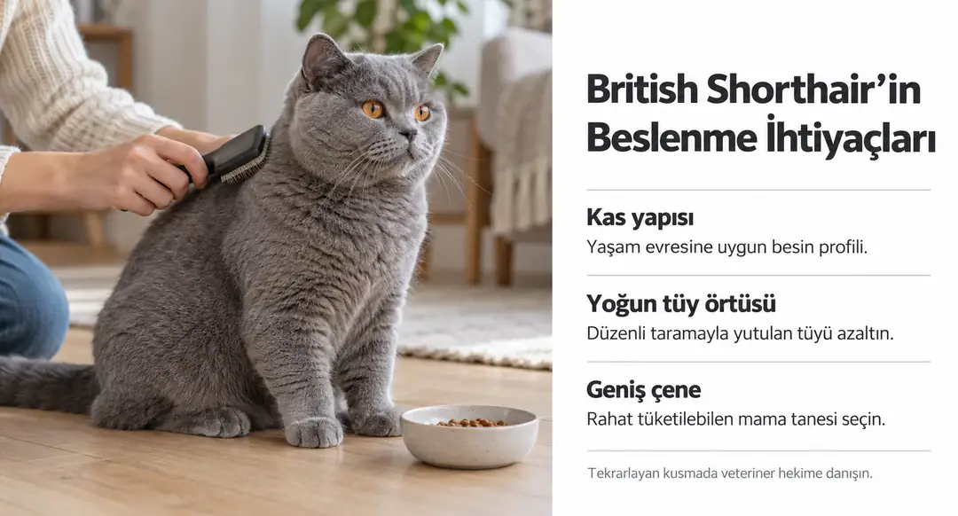 &nbsp; British Shorthair, geniş göğüs kafesi ve yoğun kas kütlesiyle karakterize, orta-büyük boyutlu bir ırktır. Royal Canin Türkiye’nin resmi ürün sayfasında British Shorthair Adult kuru mamanın protein oranı %34 olarak bildirilmektedir&nbsp;&nbsp;