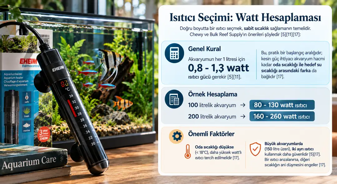 Akvaryum ısıtıcısı watt hesaplaması; 100 ve 200 litrelik akvaryumlar için önerilen ısıtıcı güçleri ve doğru ısıtıcı seçimi.