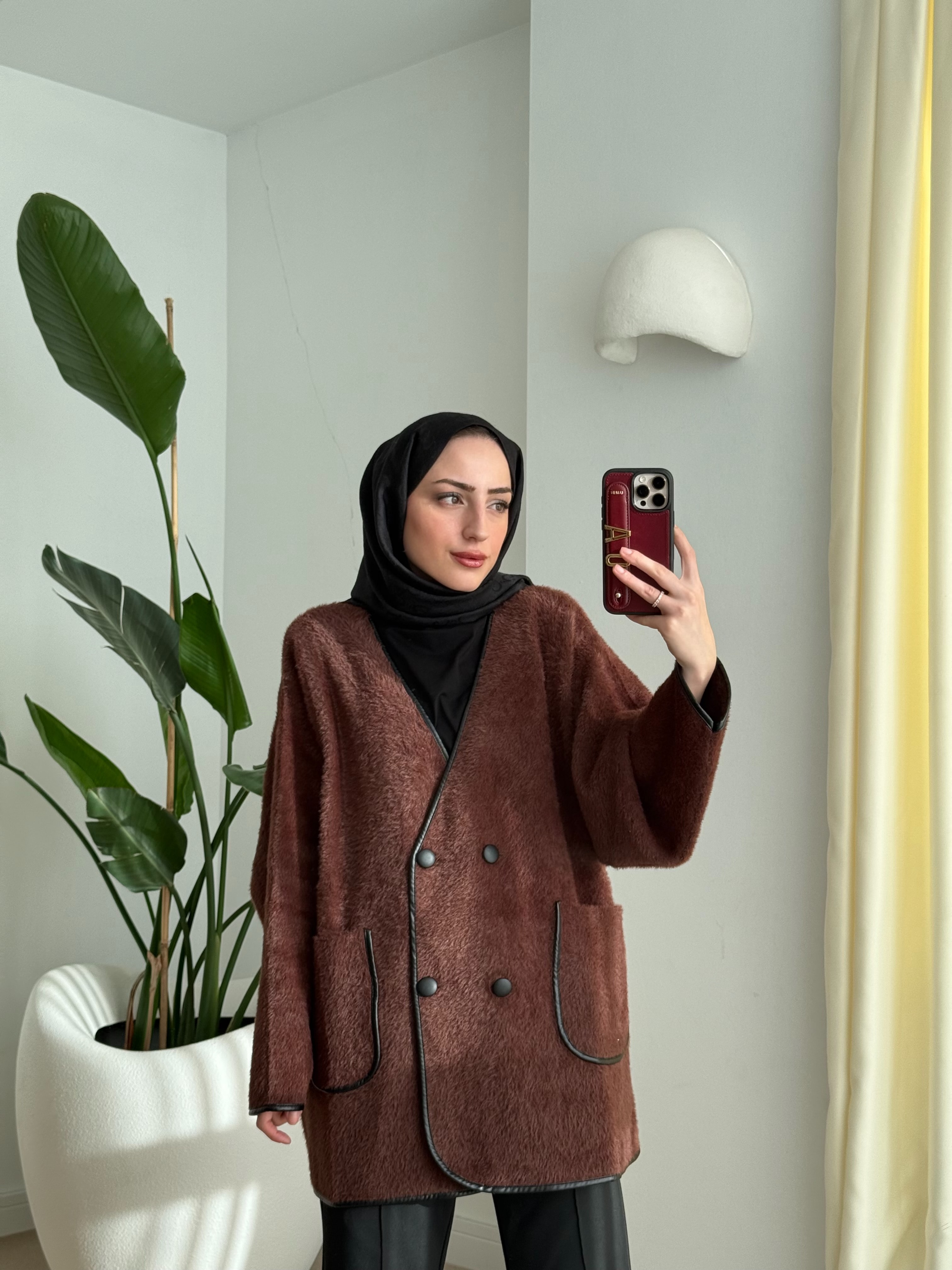 Deri biyeli angora hırka kahve