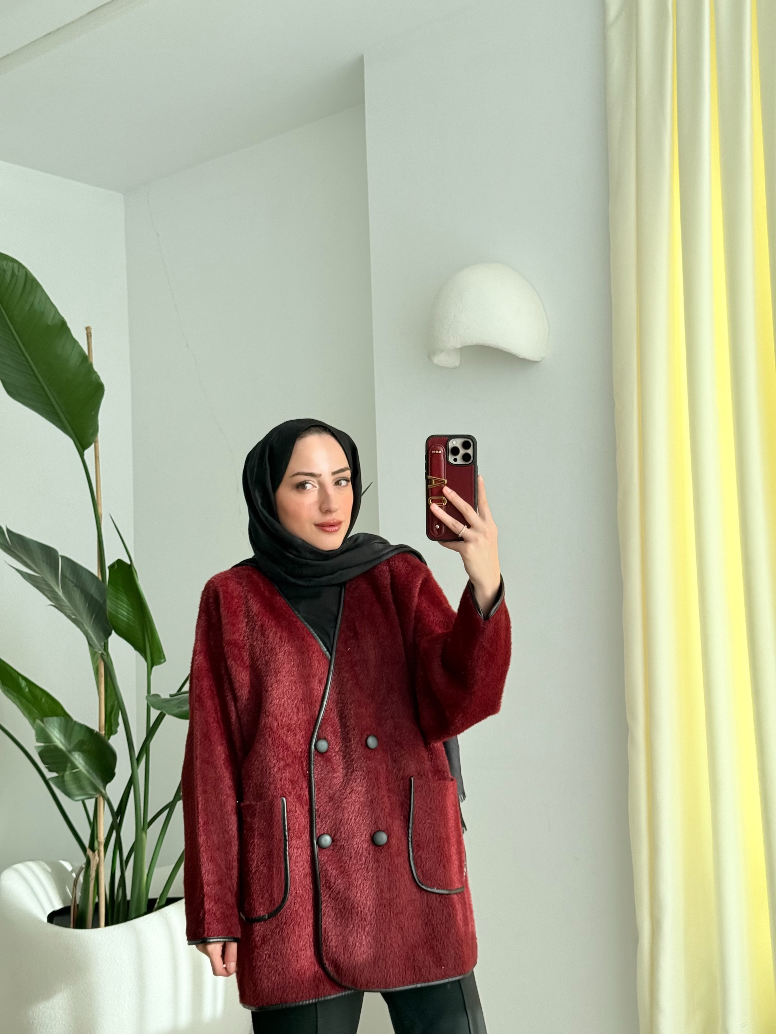 Deri biyeli angora hırka bordo