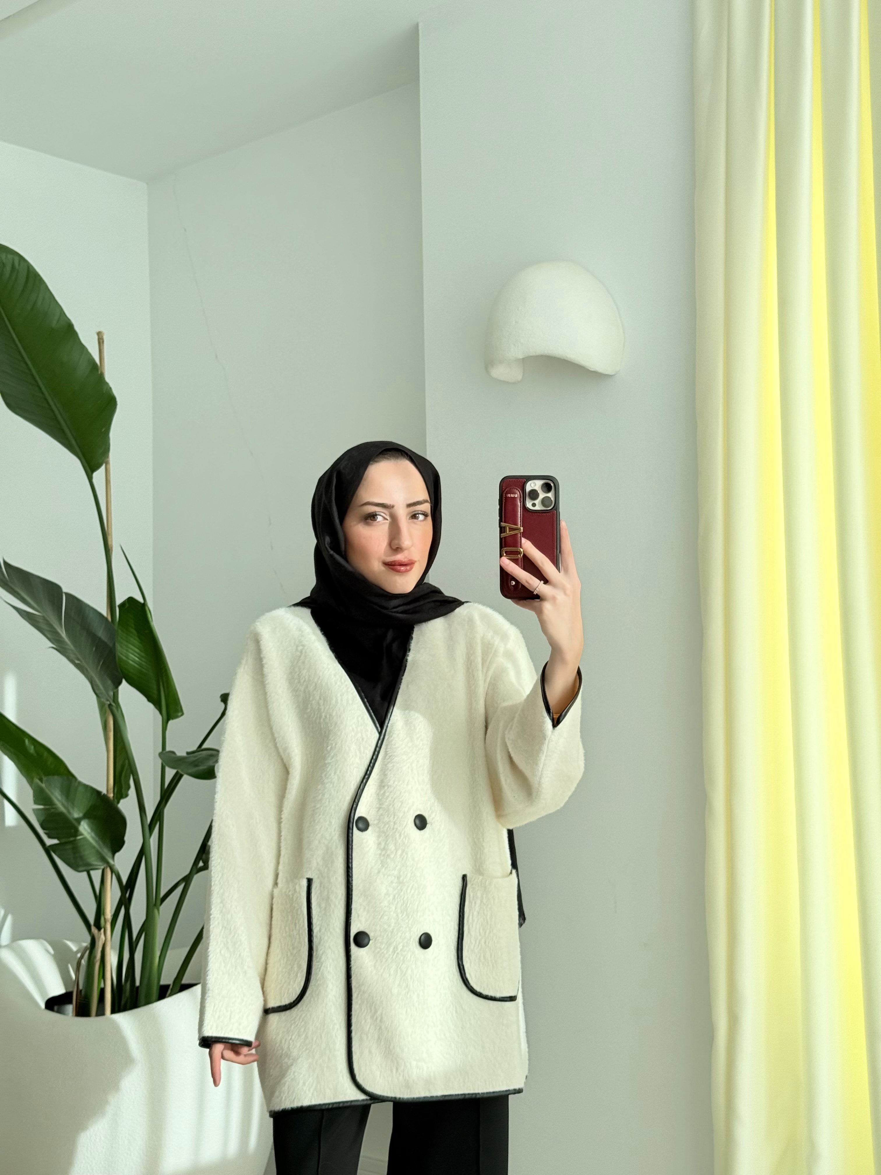 Deri biyeli angora hırka Ekru