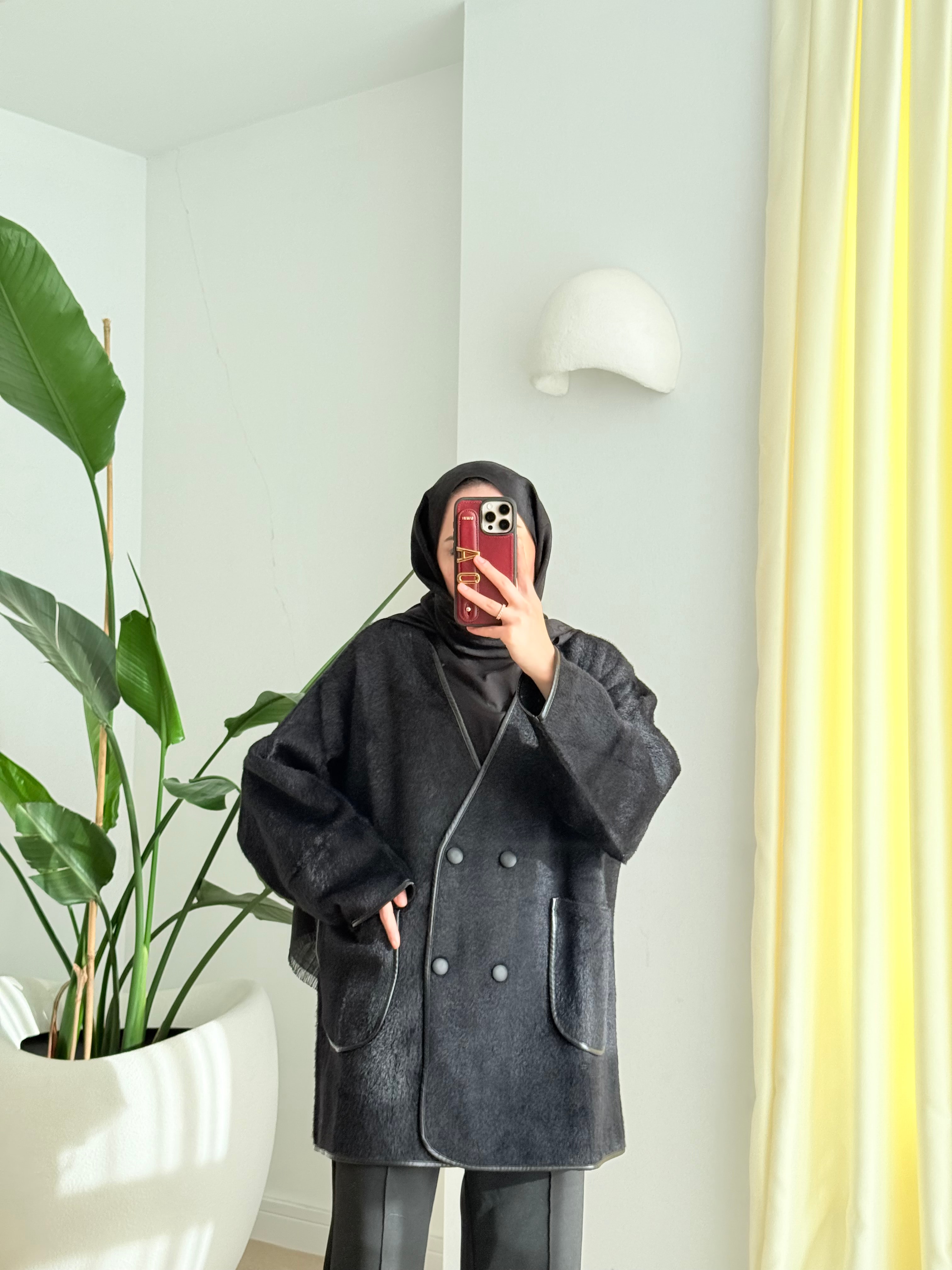 Deri biyeli angora hırka siyah