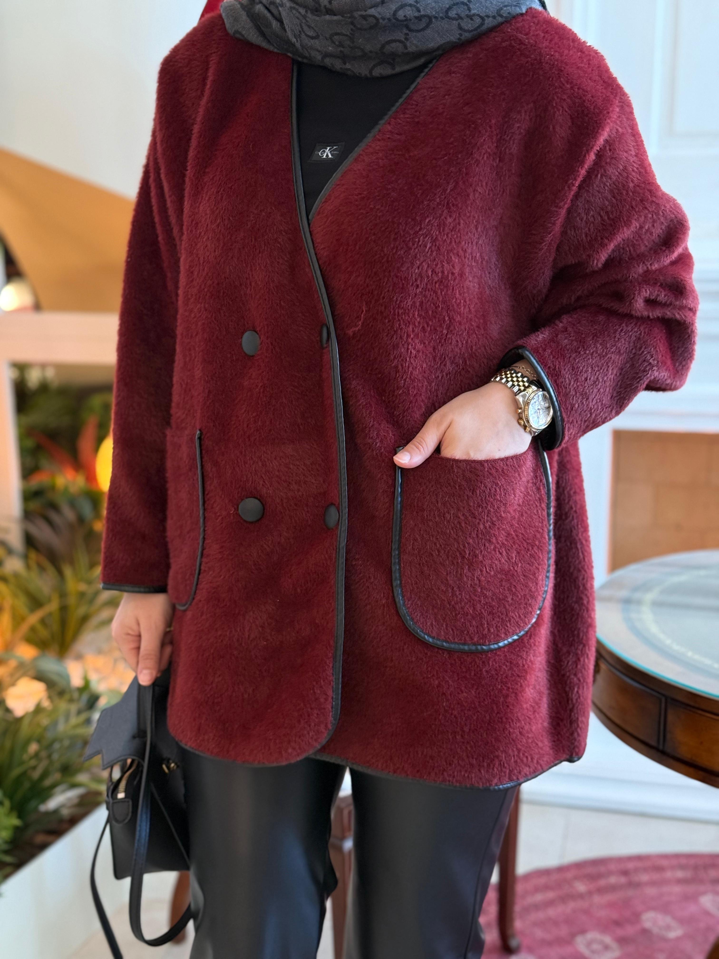 Deri biyeli angora hırka bordo