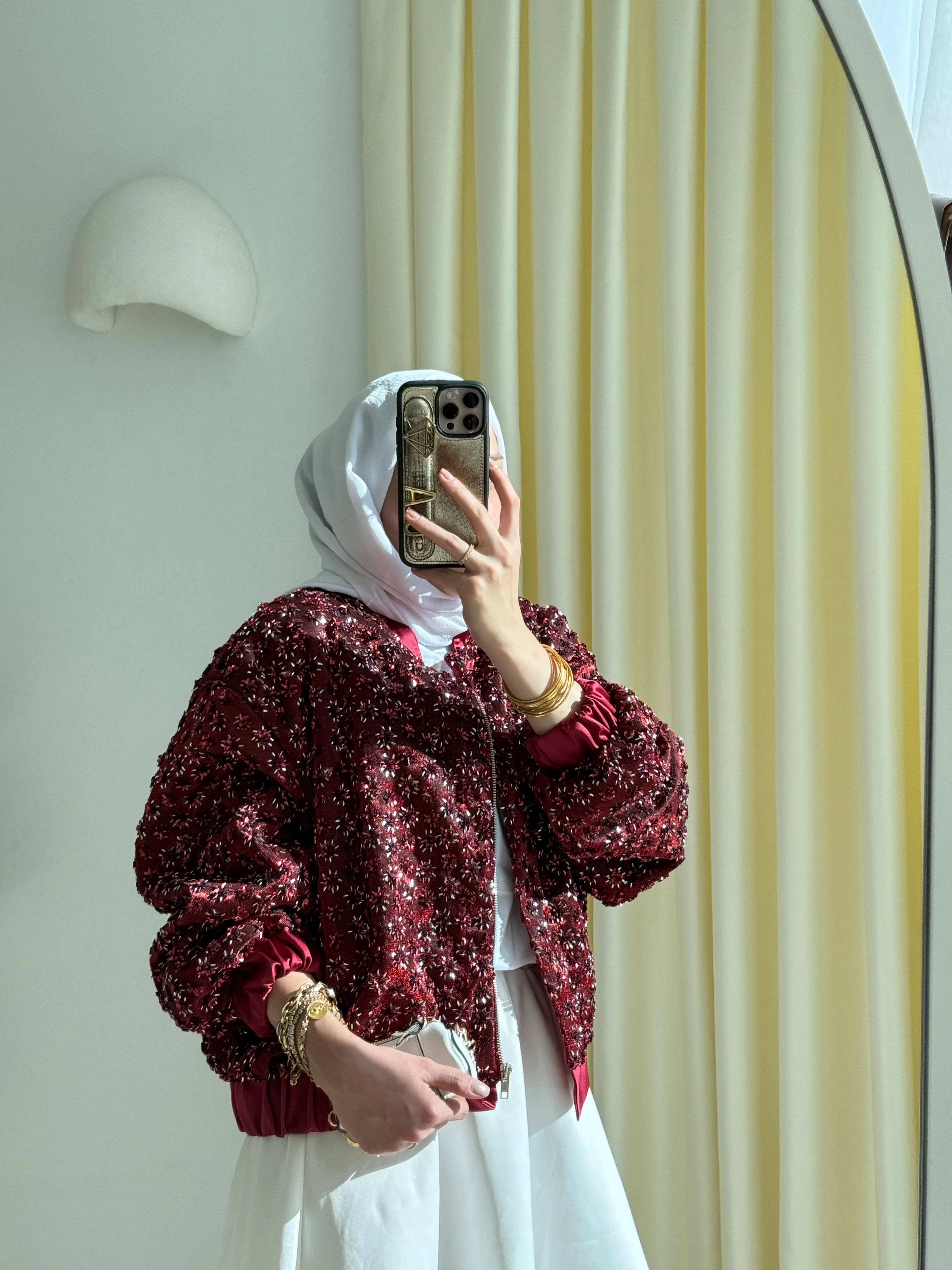 Payetli saten ceket Bordo