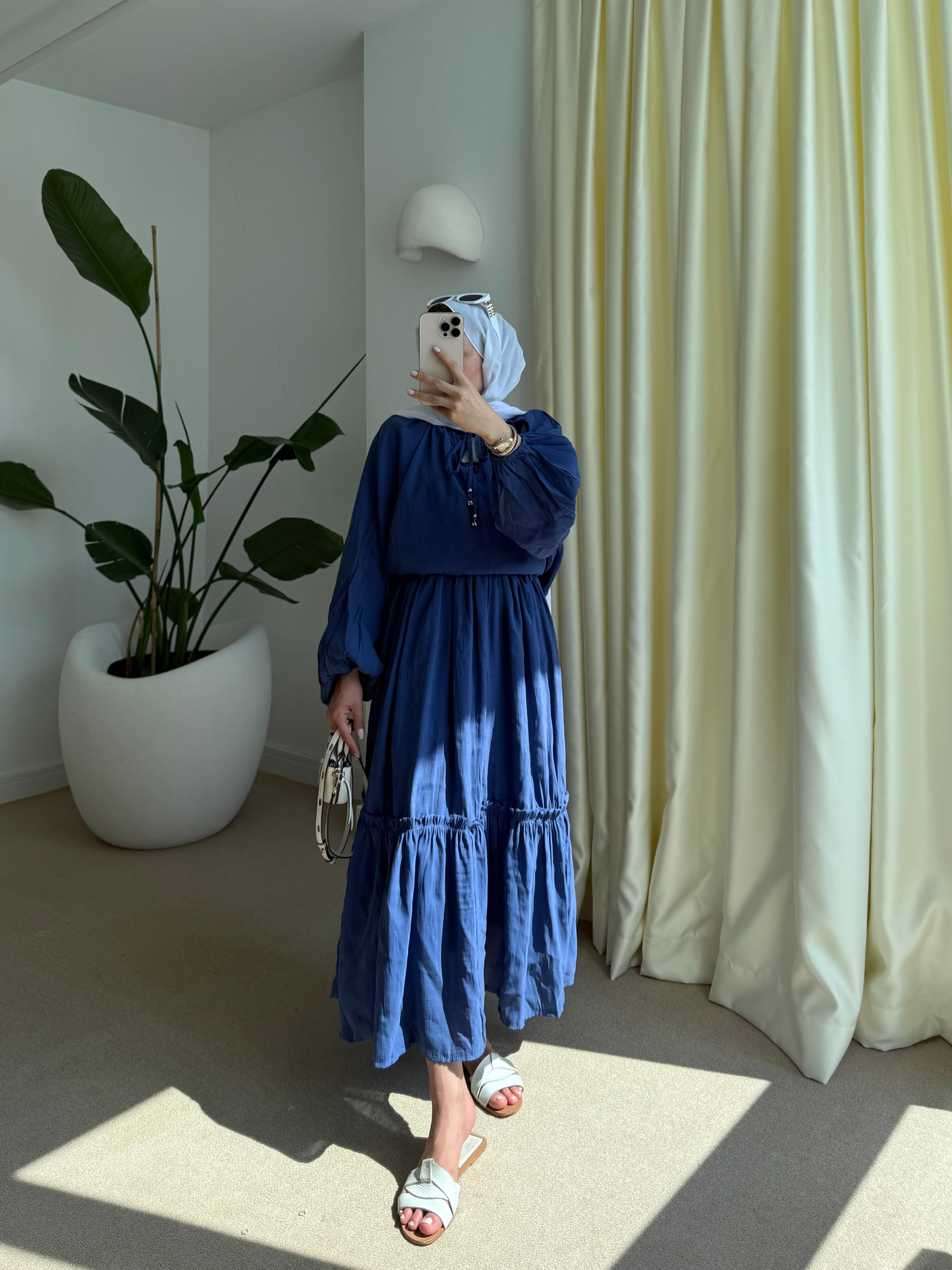 Kırışık tencel takım indigo