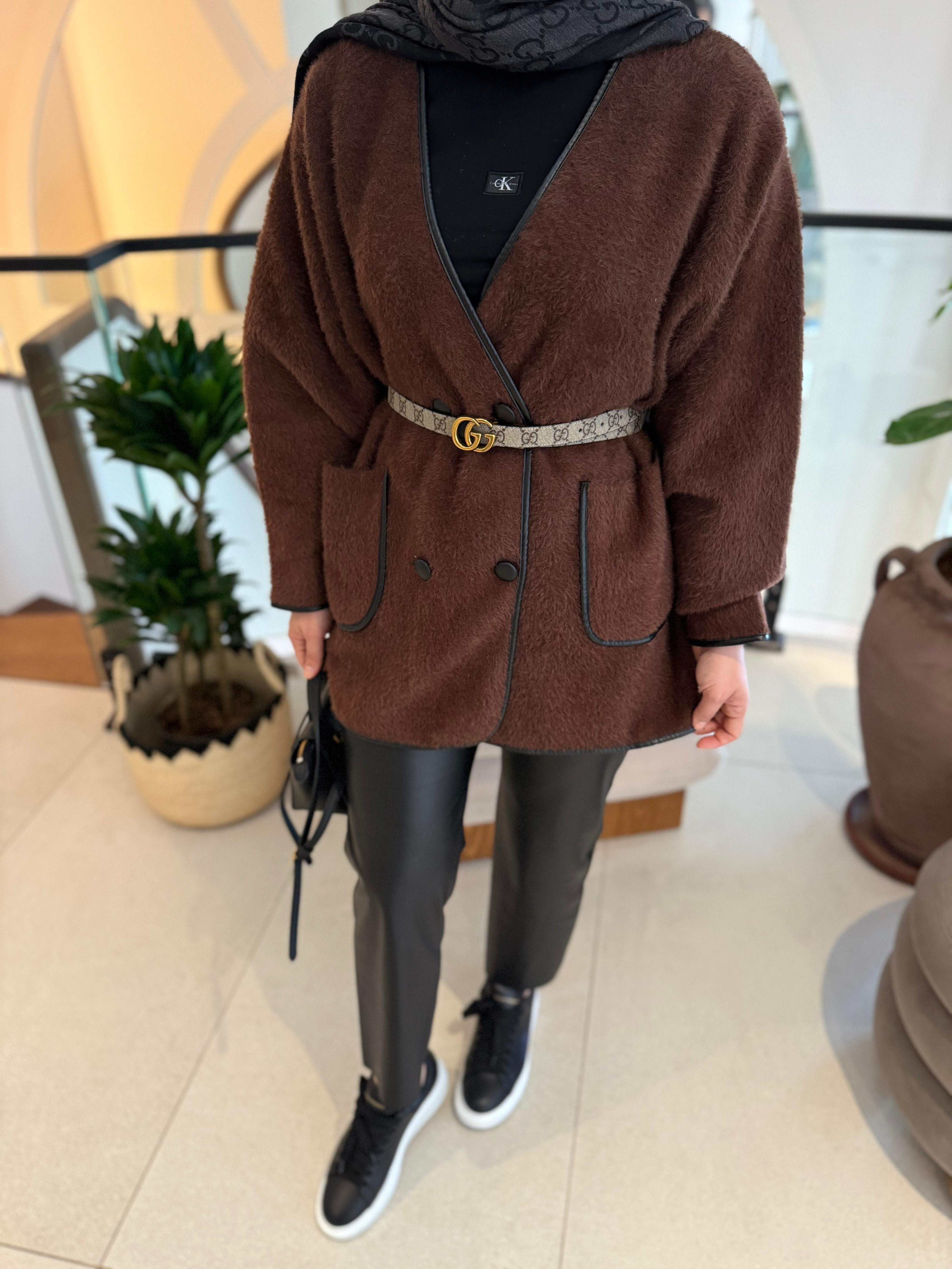 Deri biyeli angora hırka kahve