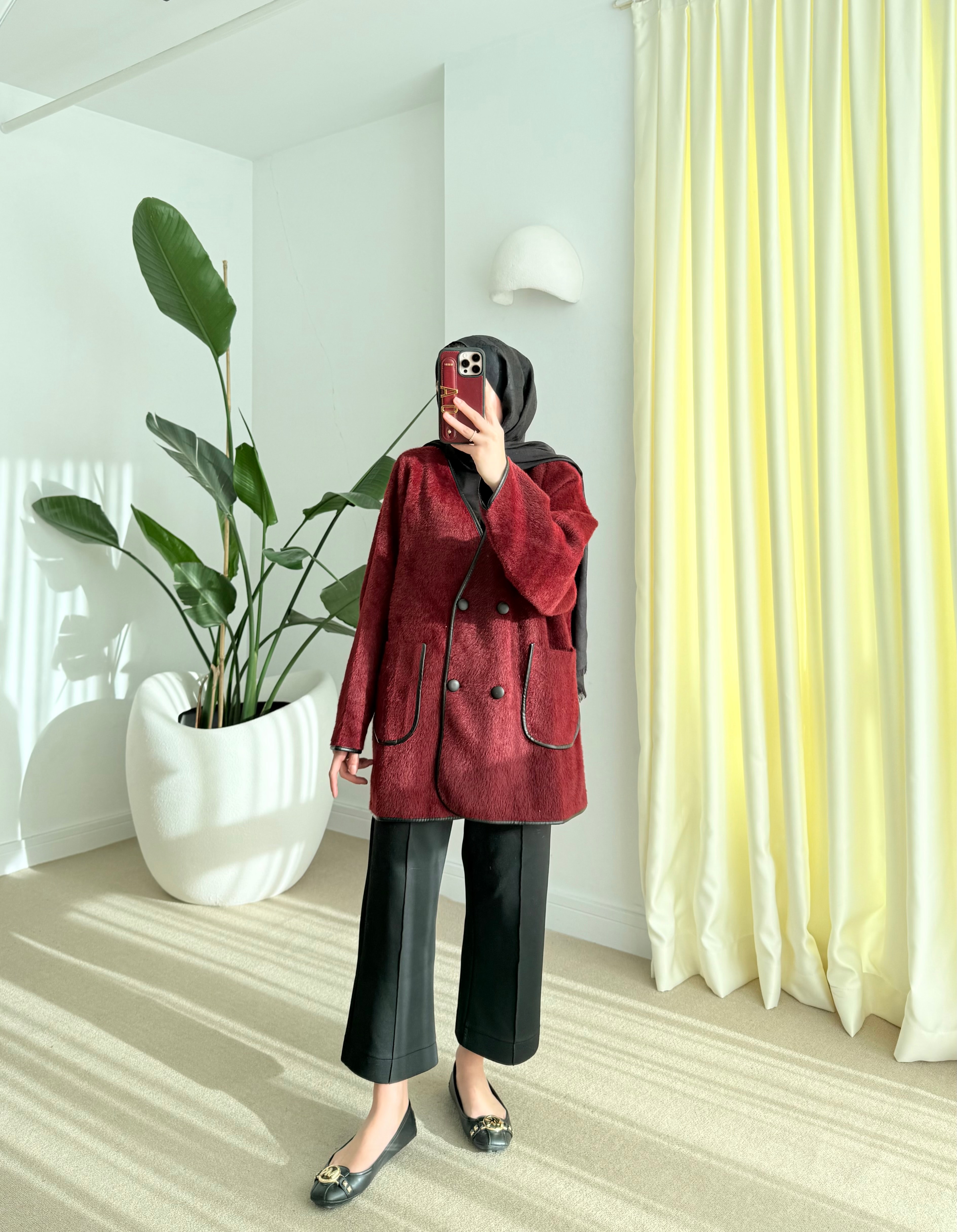 Deri biyeli angora hırka bordo