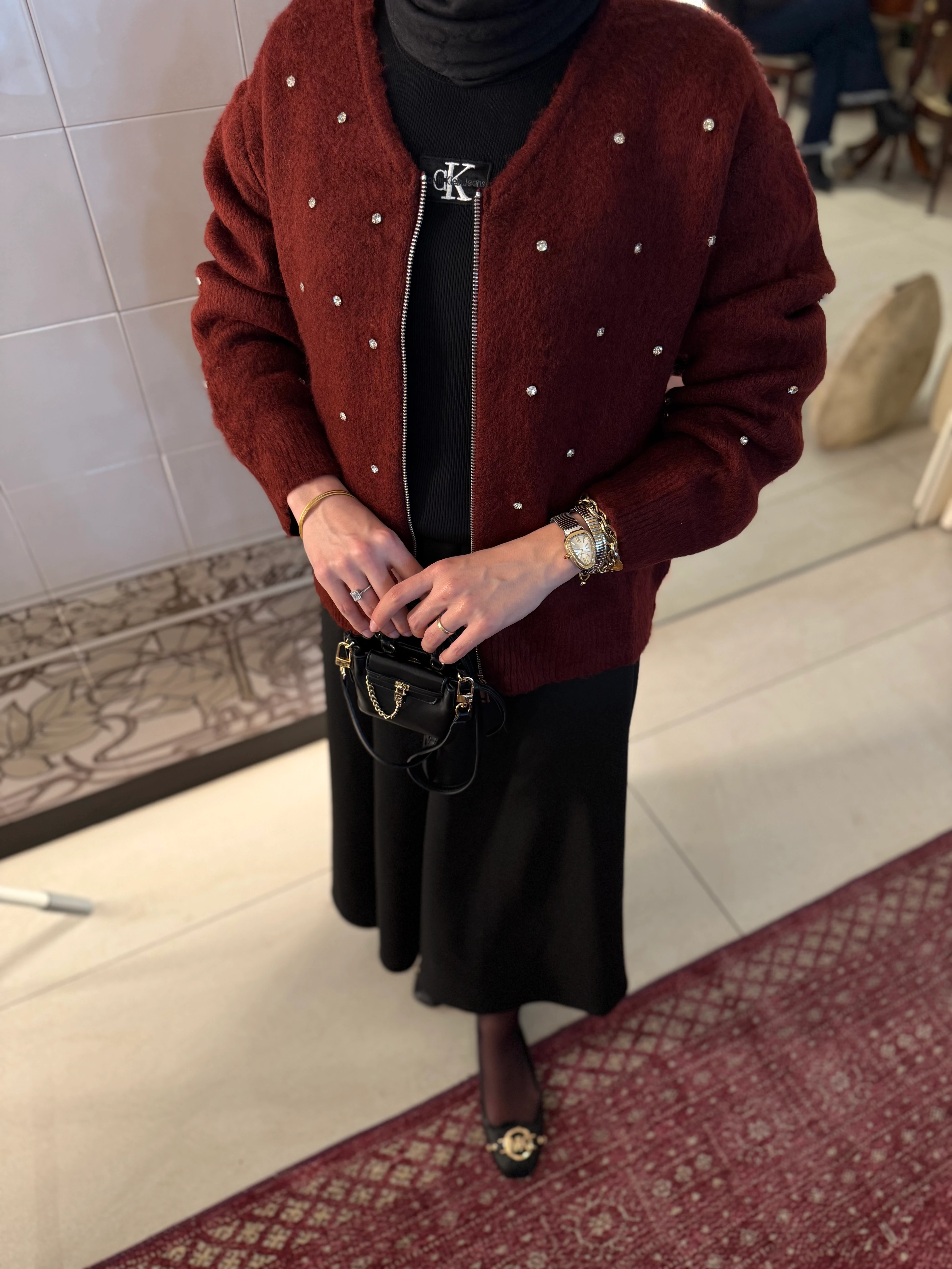 Taşlı Hırka Bordo