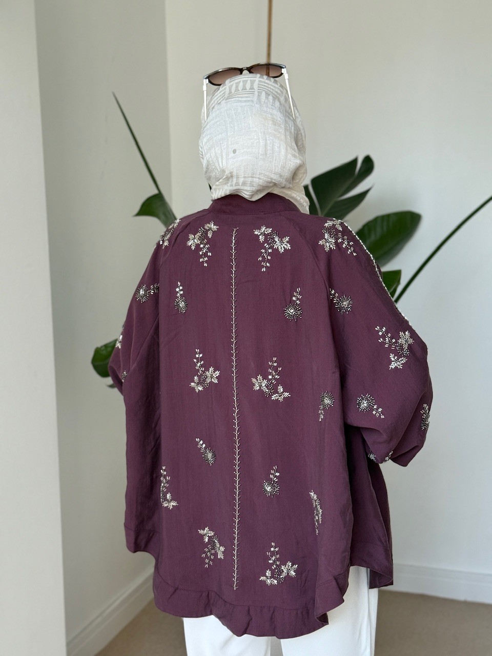 İşlemeli kimono mürdüm 