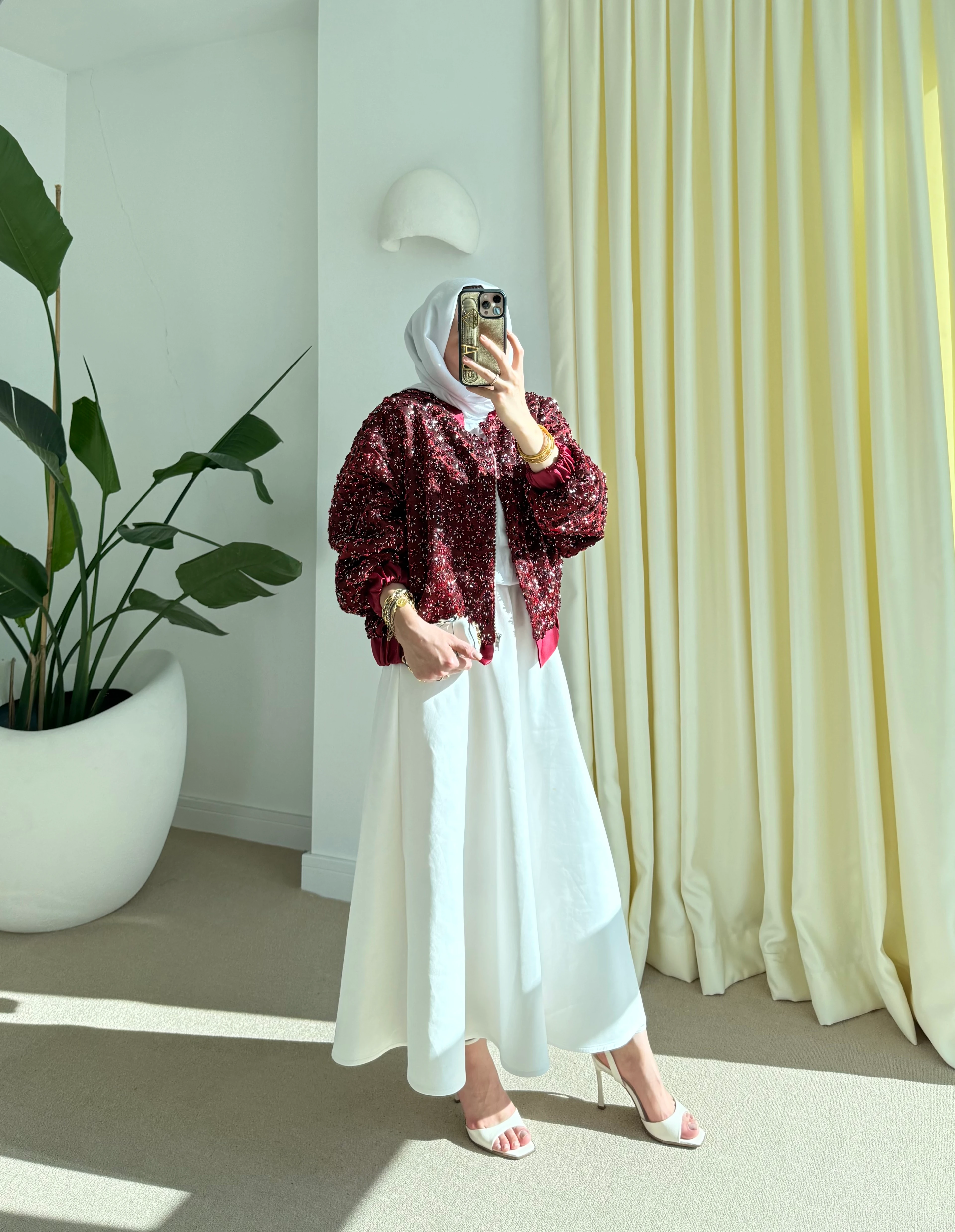 Payetli saten ceket Bordo