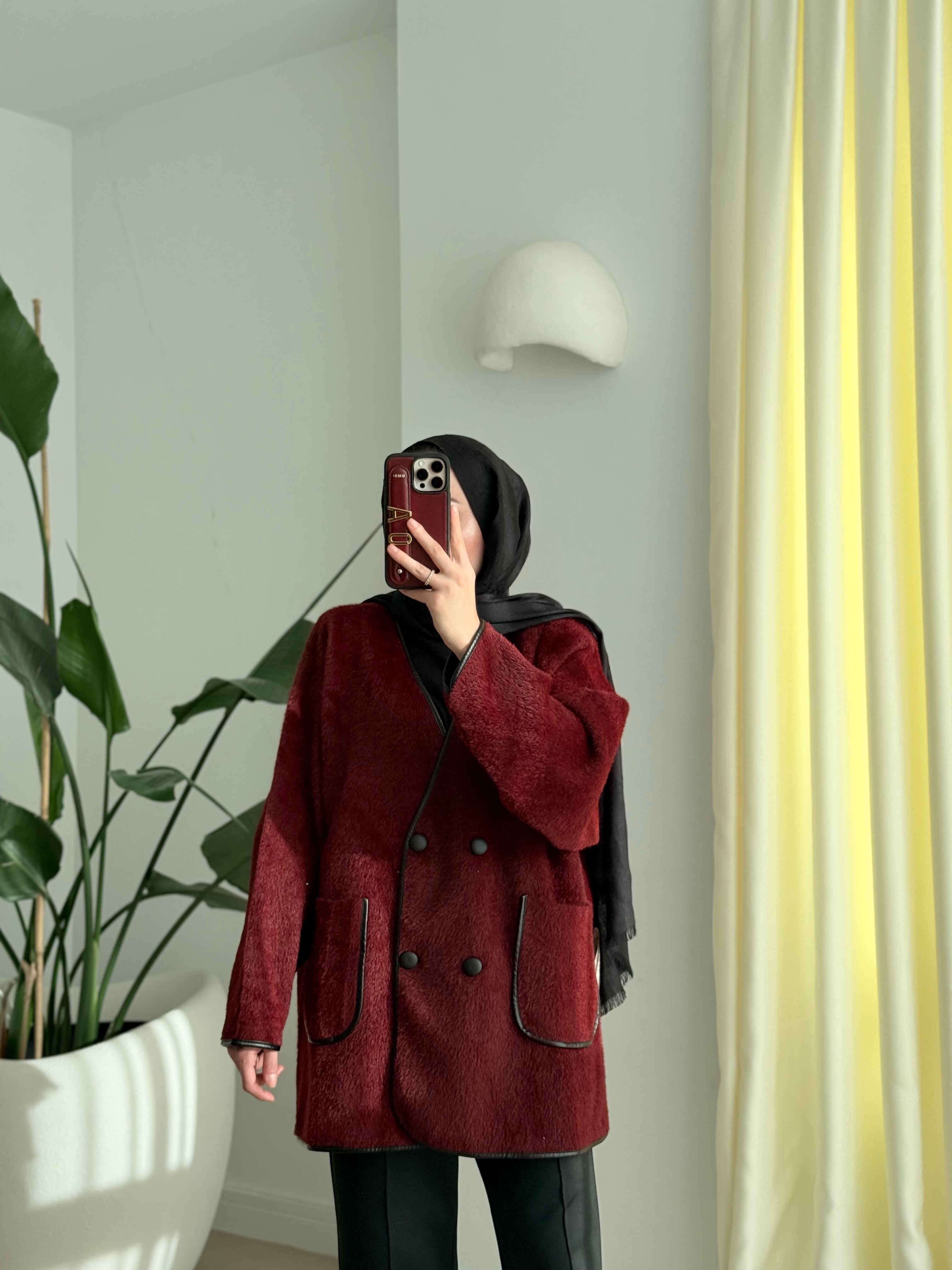 Deri biyeli angora hırka bordo