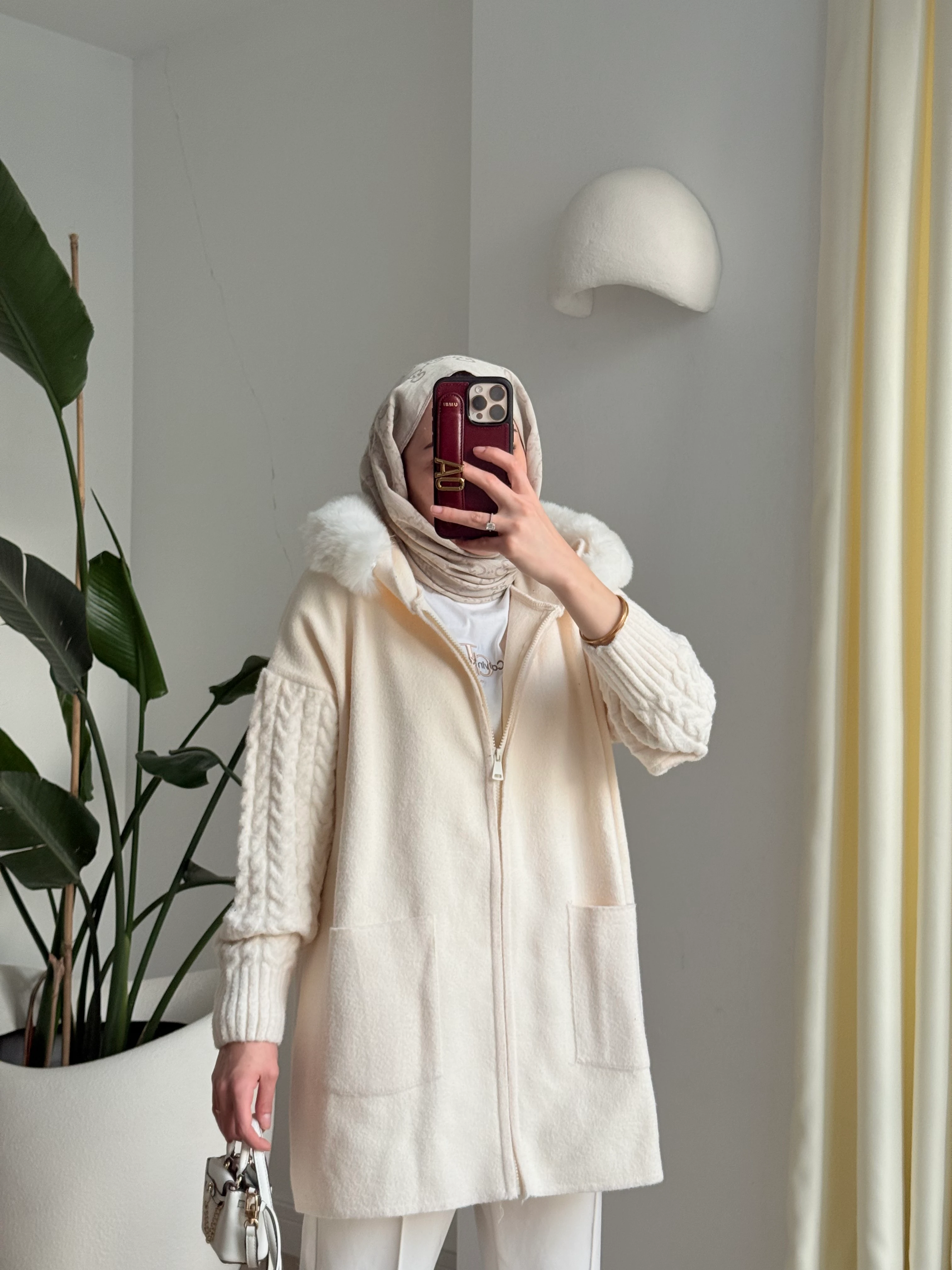 Kürklü hırka Krem