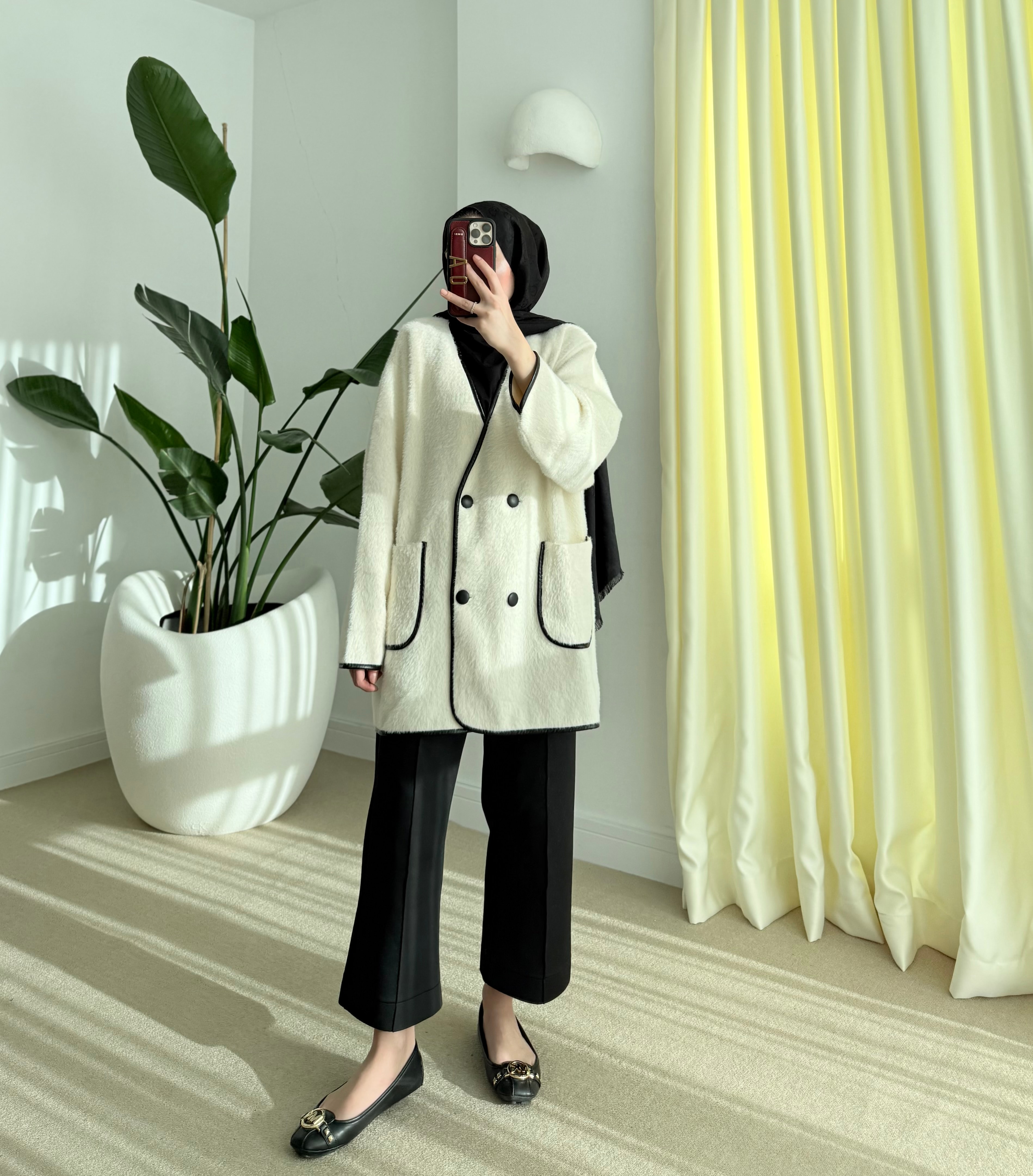 Deri biyeli angora hırka Ekru