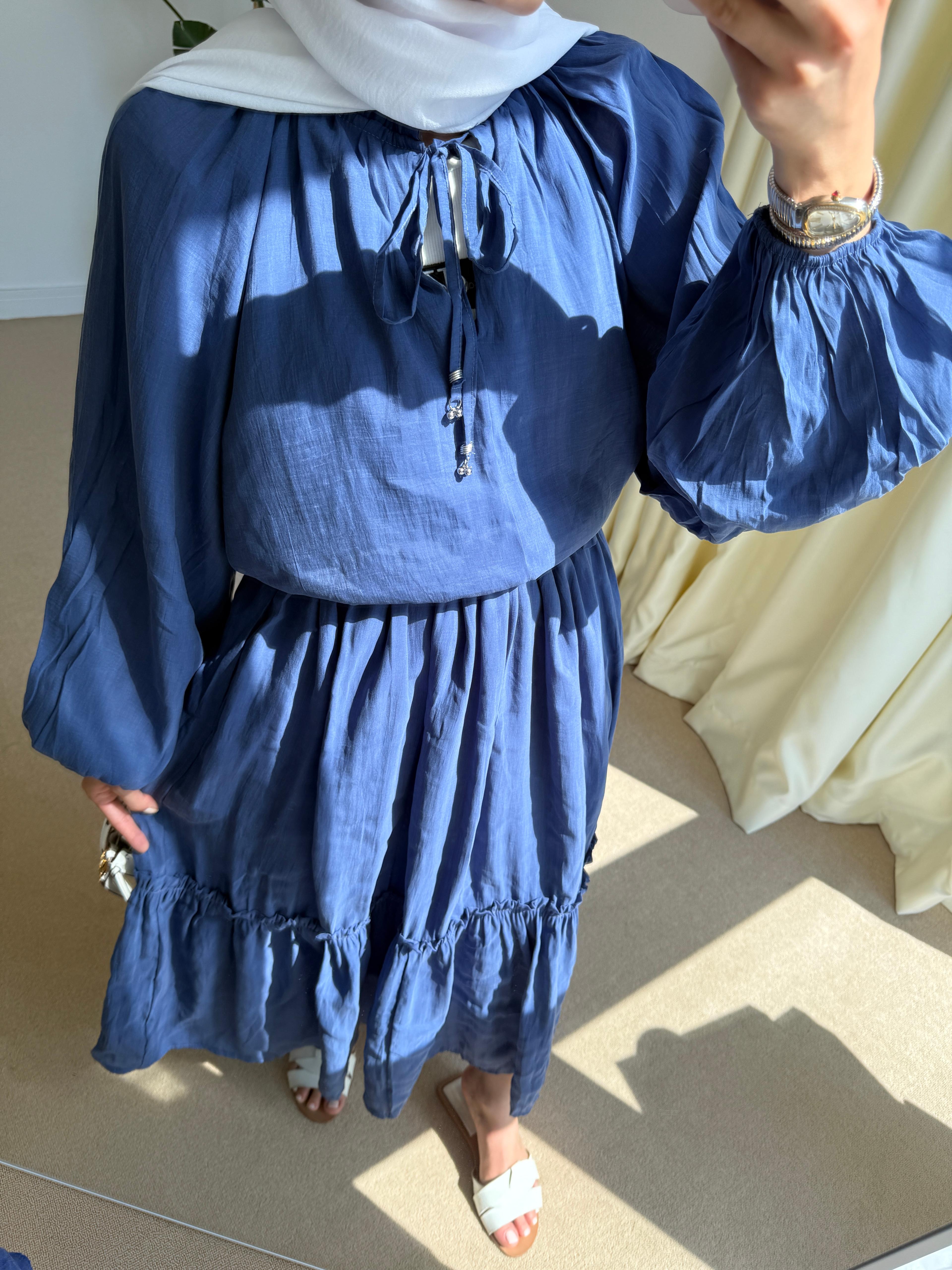 Kırışık tencel takım indigo