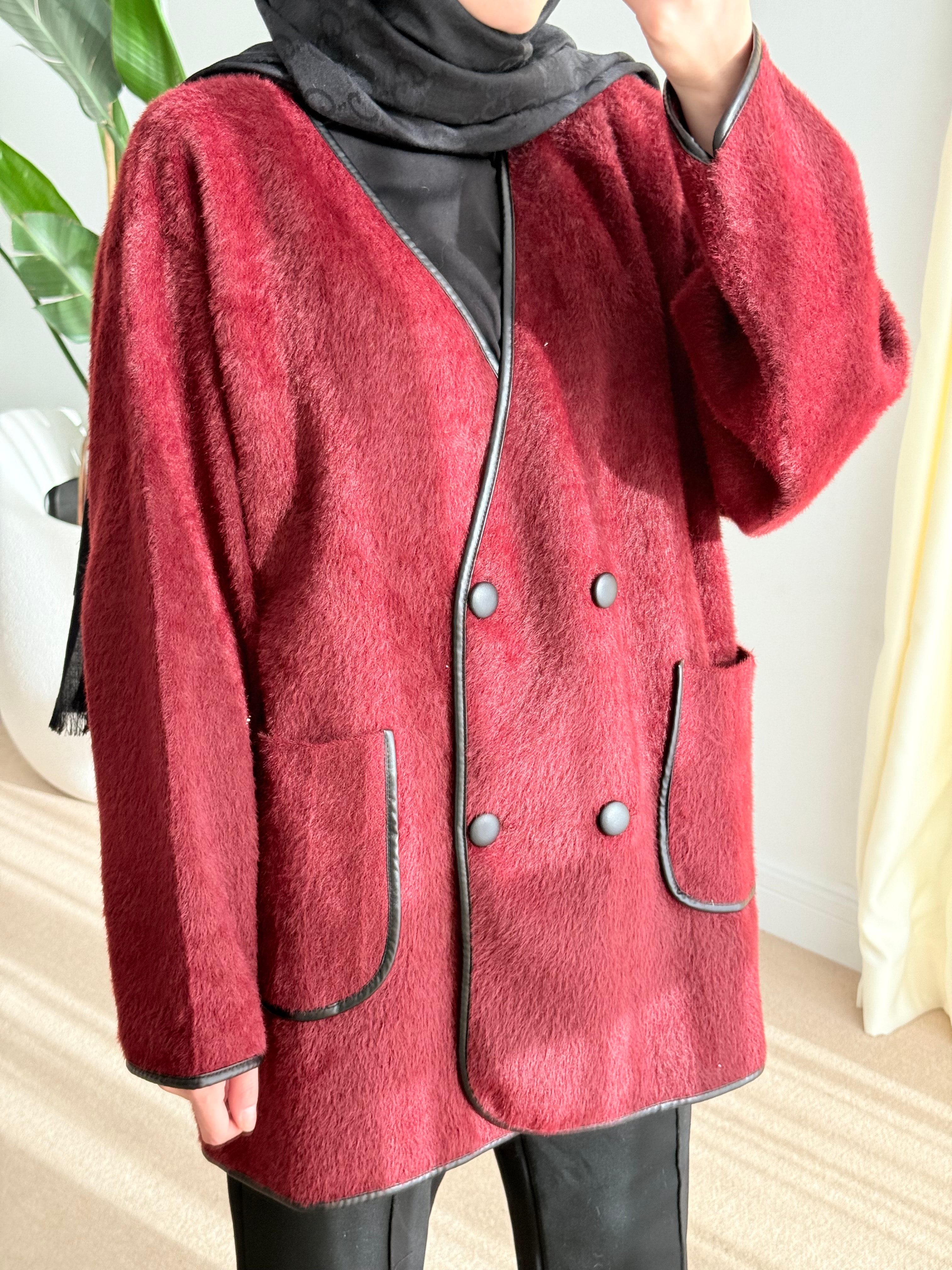 Deri biyeli angora hırka bordo