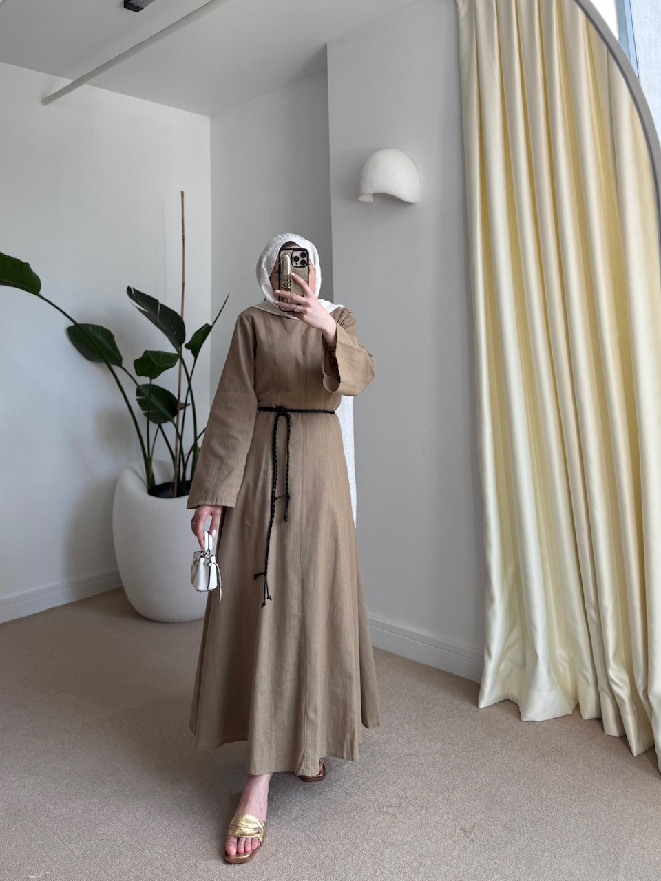 Keten elbise camel