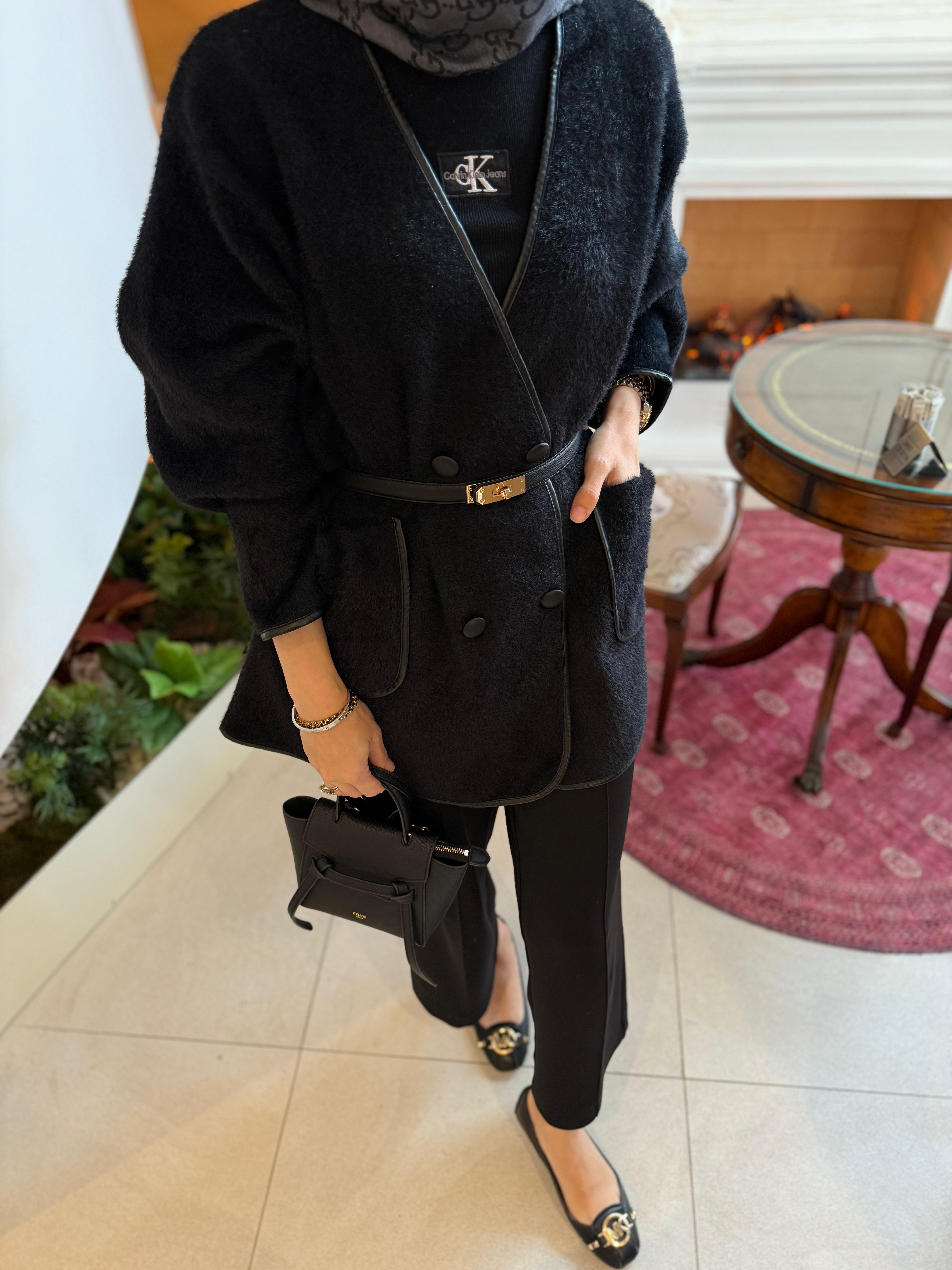 Deri biyeli angora hırka siyah