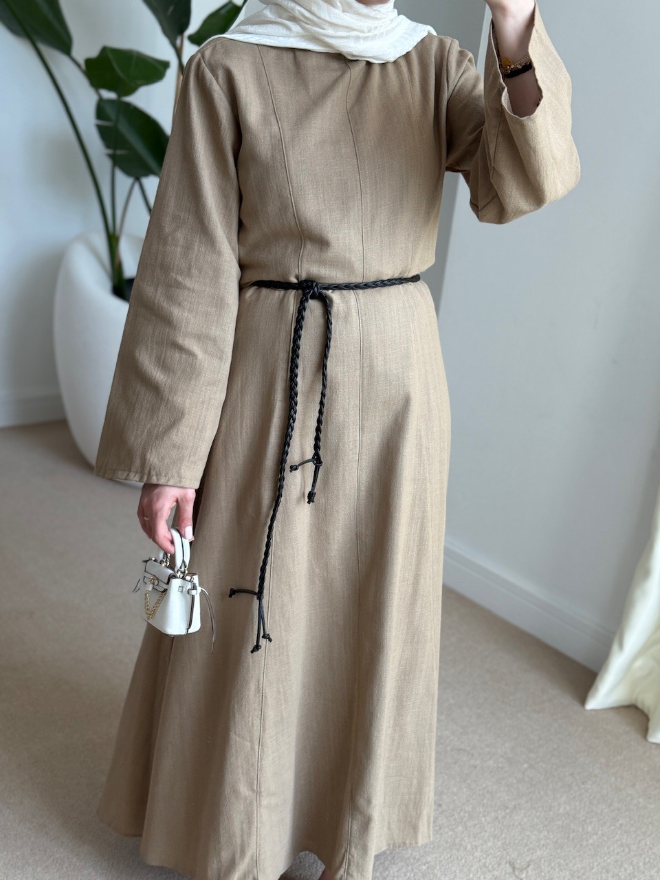 Keten elbise camel