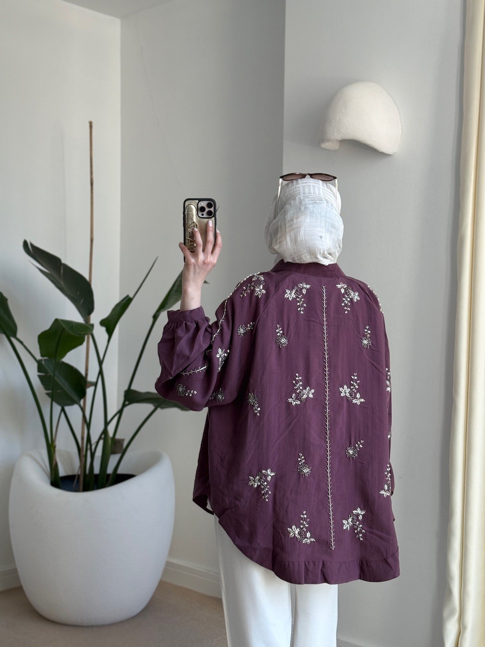 İşlemeli kimono mürdüm 