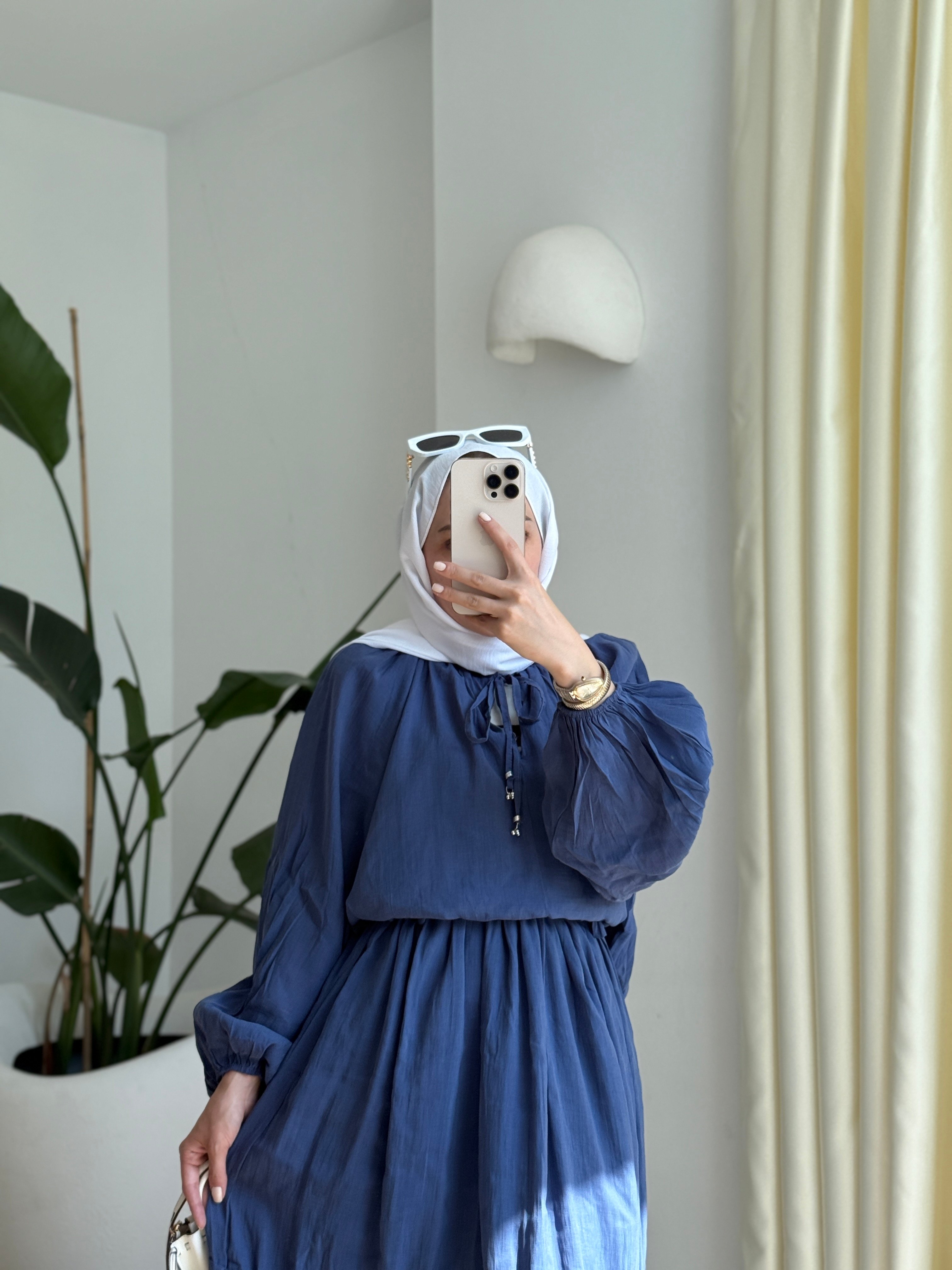Kırışık tencel takım indigo