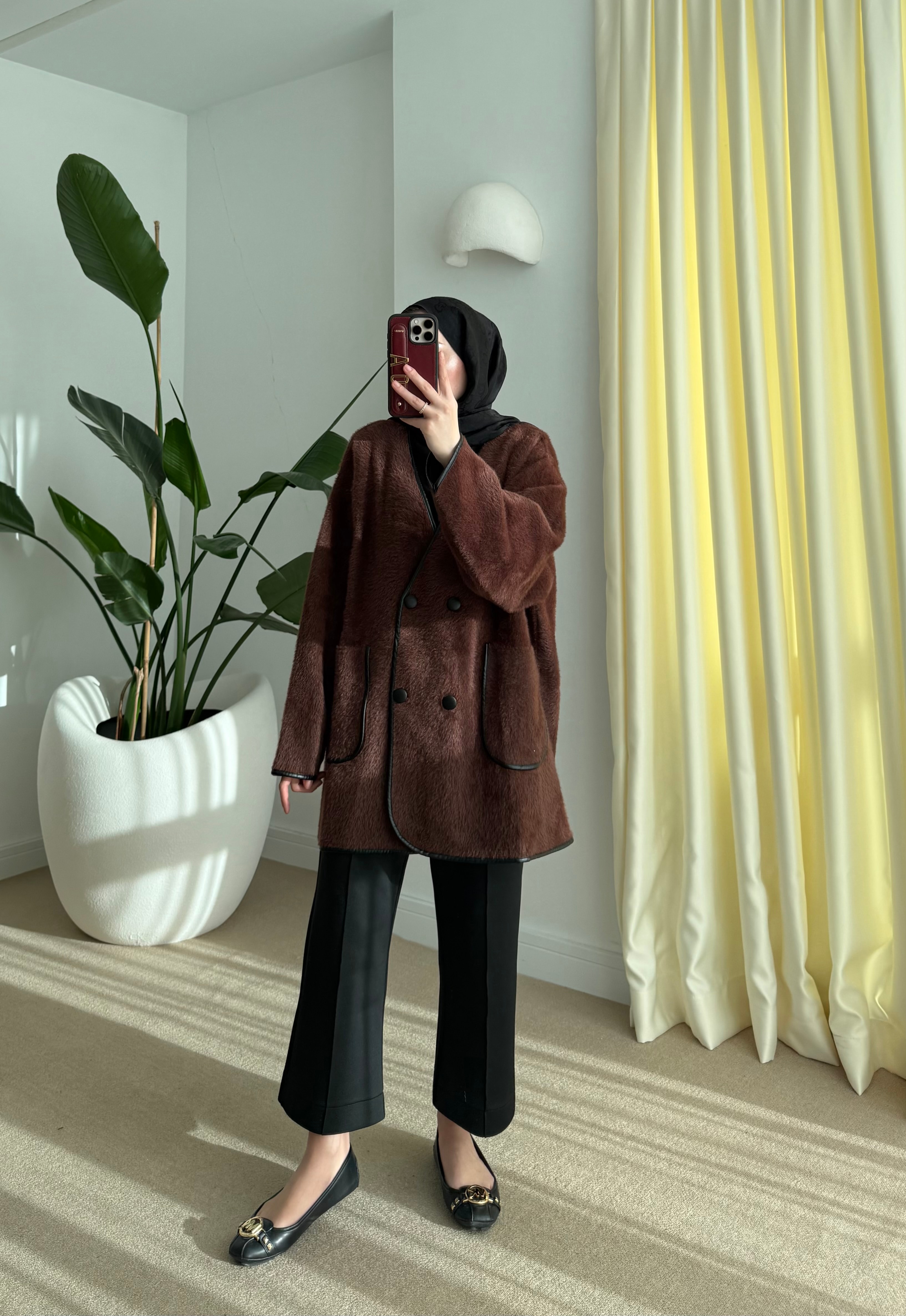 Deri biyeli angora hırka kahve