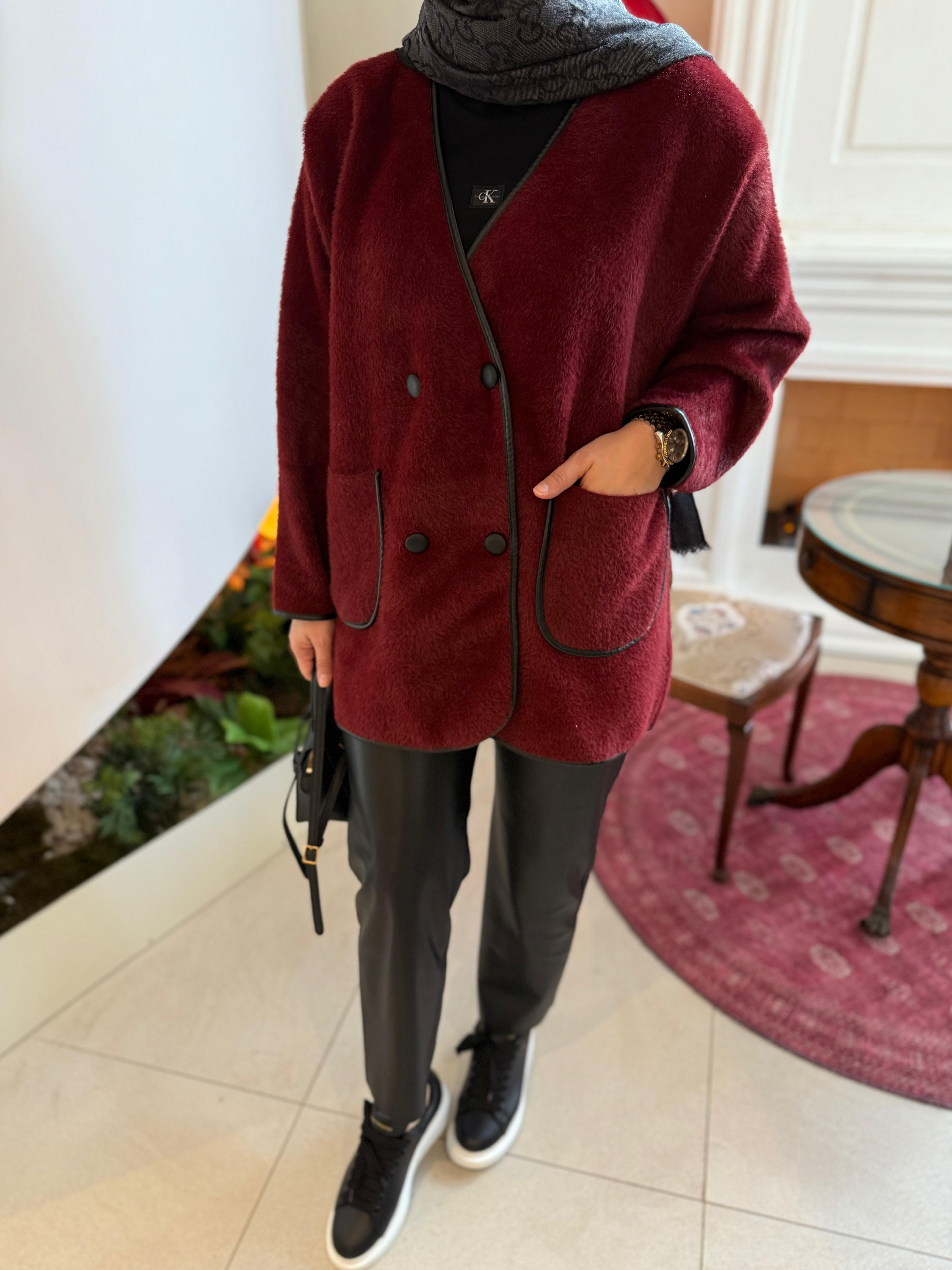 Deri biyeli angora hırka bordo