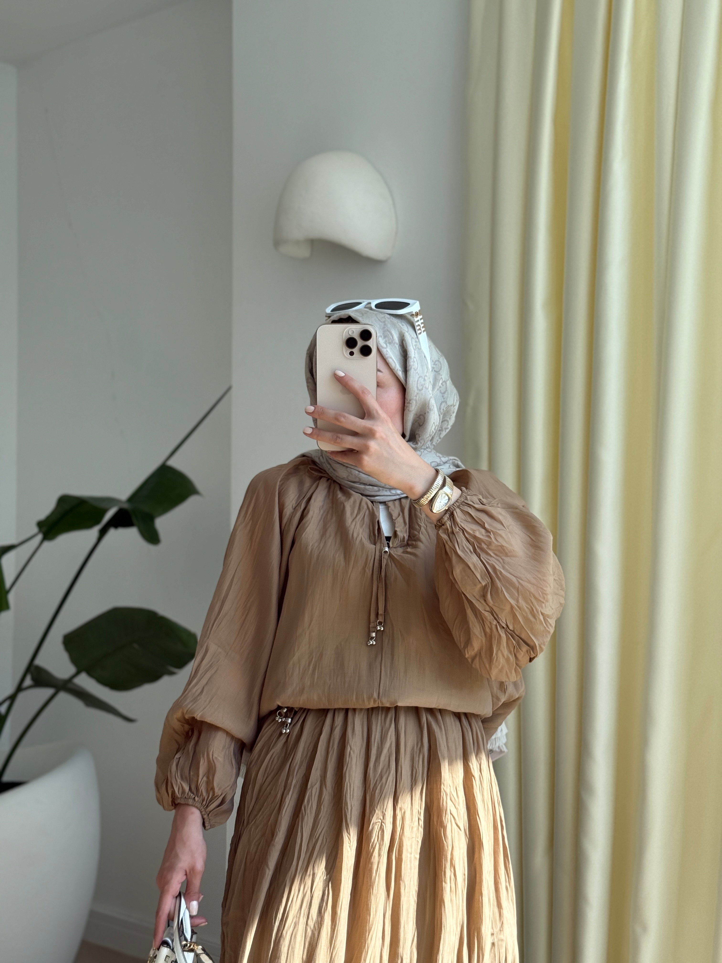 Kırışık tencel takım latte