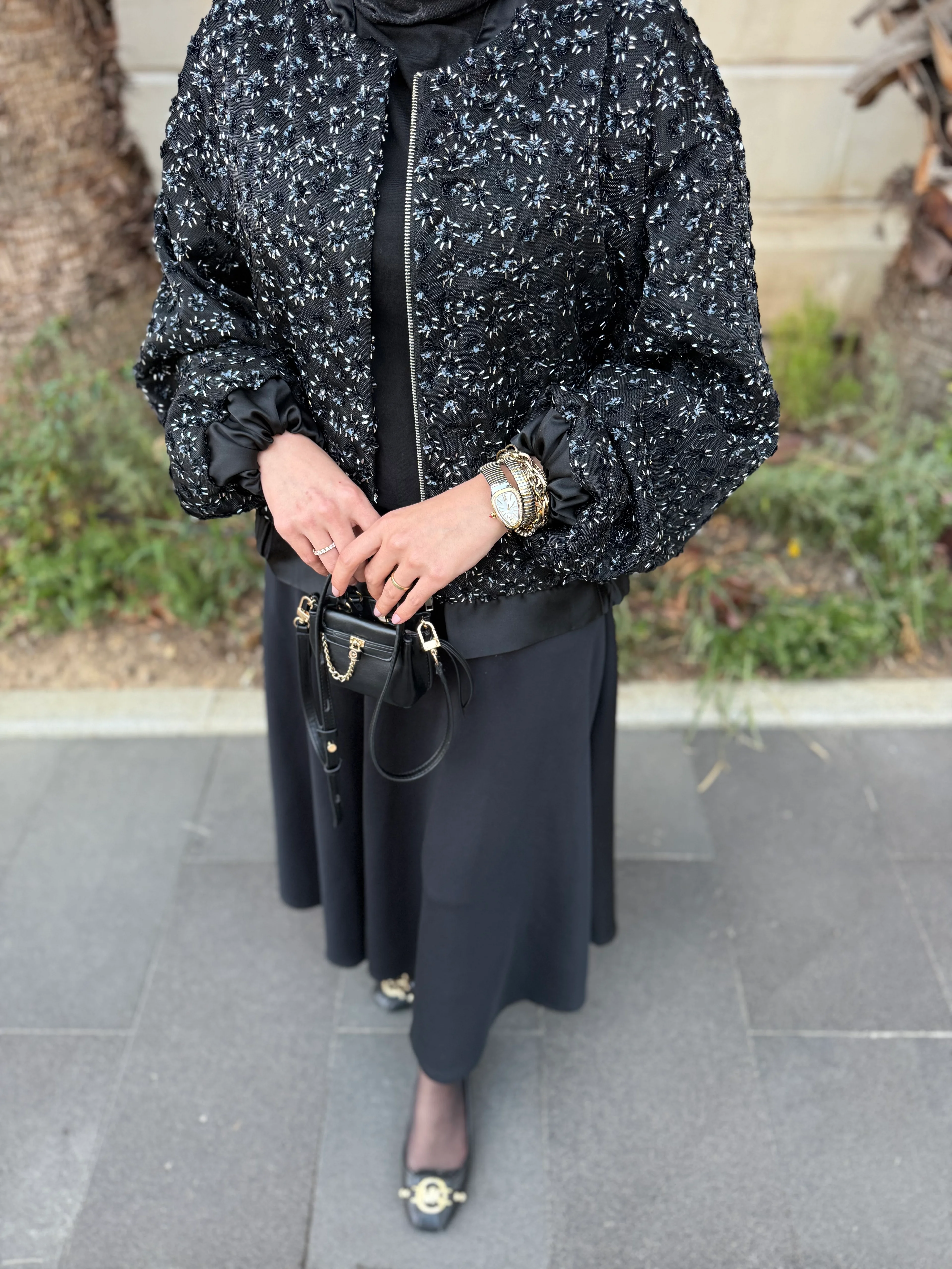 Payetli saten ceket siyah