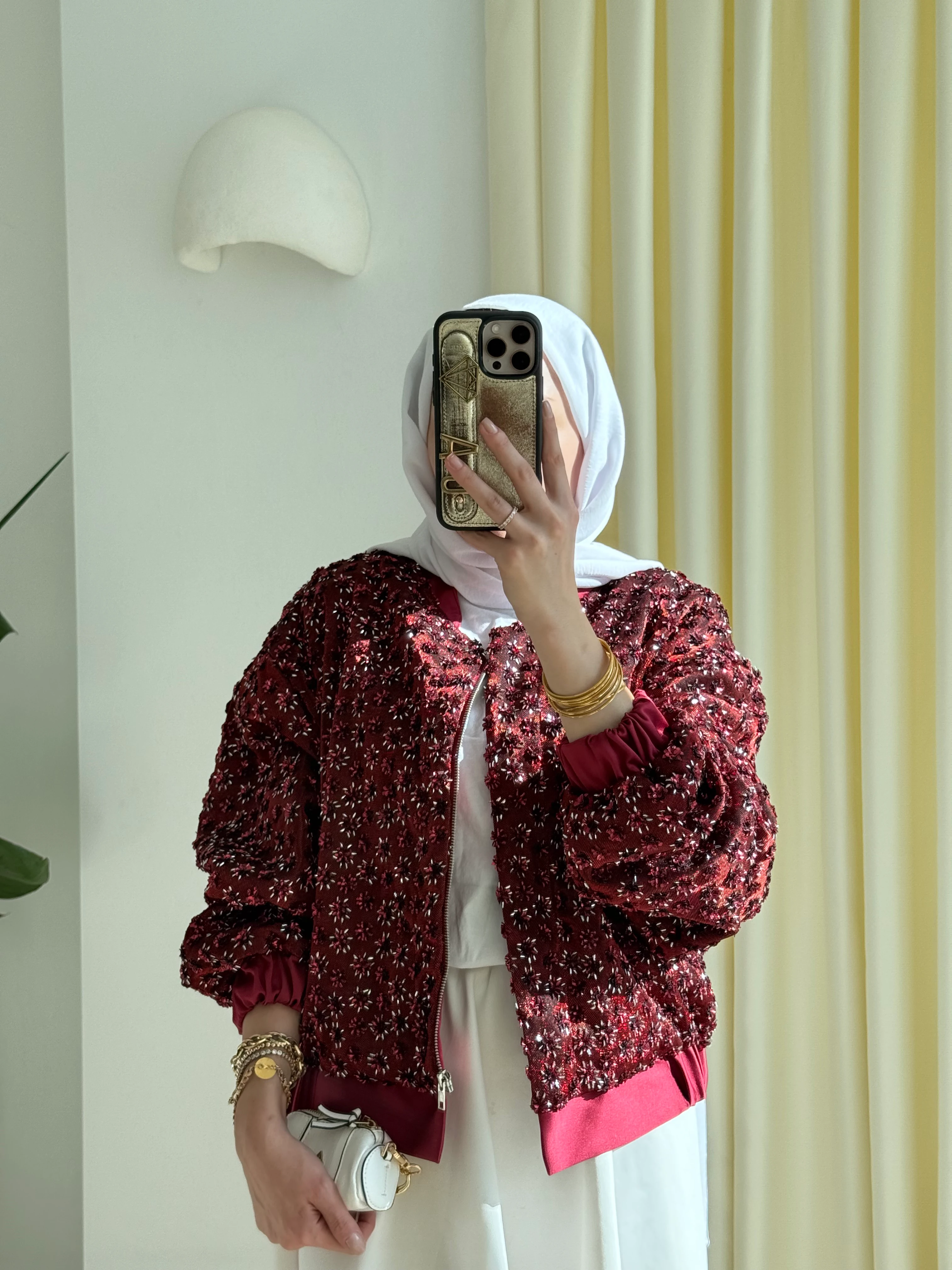 Payetli saten ceket Bordo