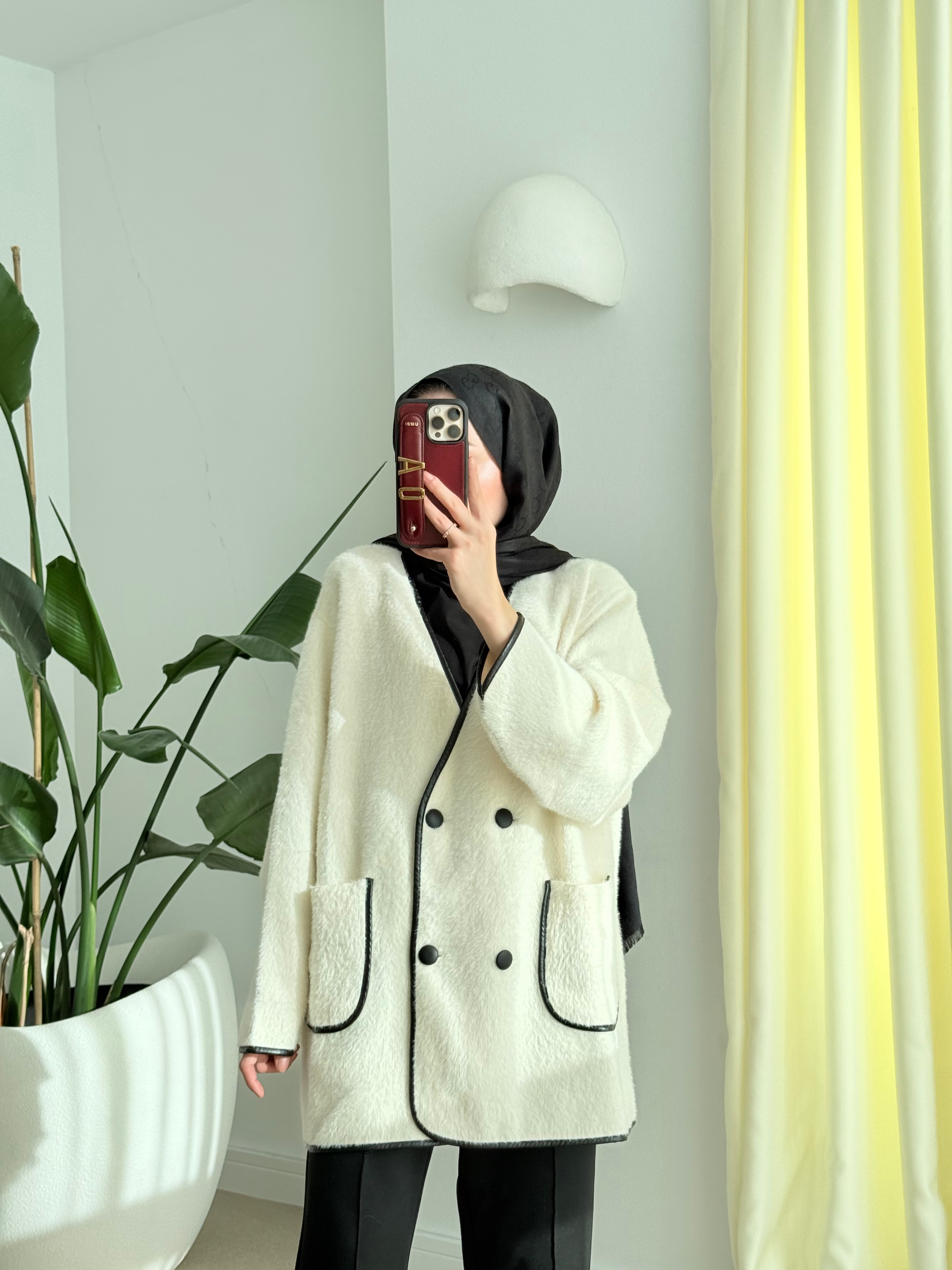 Deri biyeli angora hırka Ekru