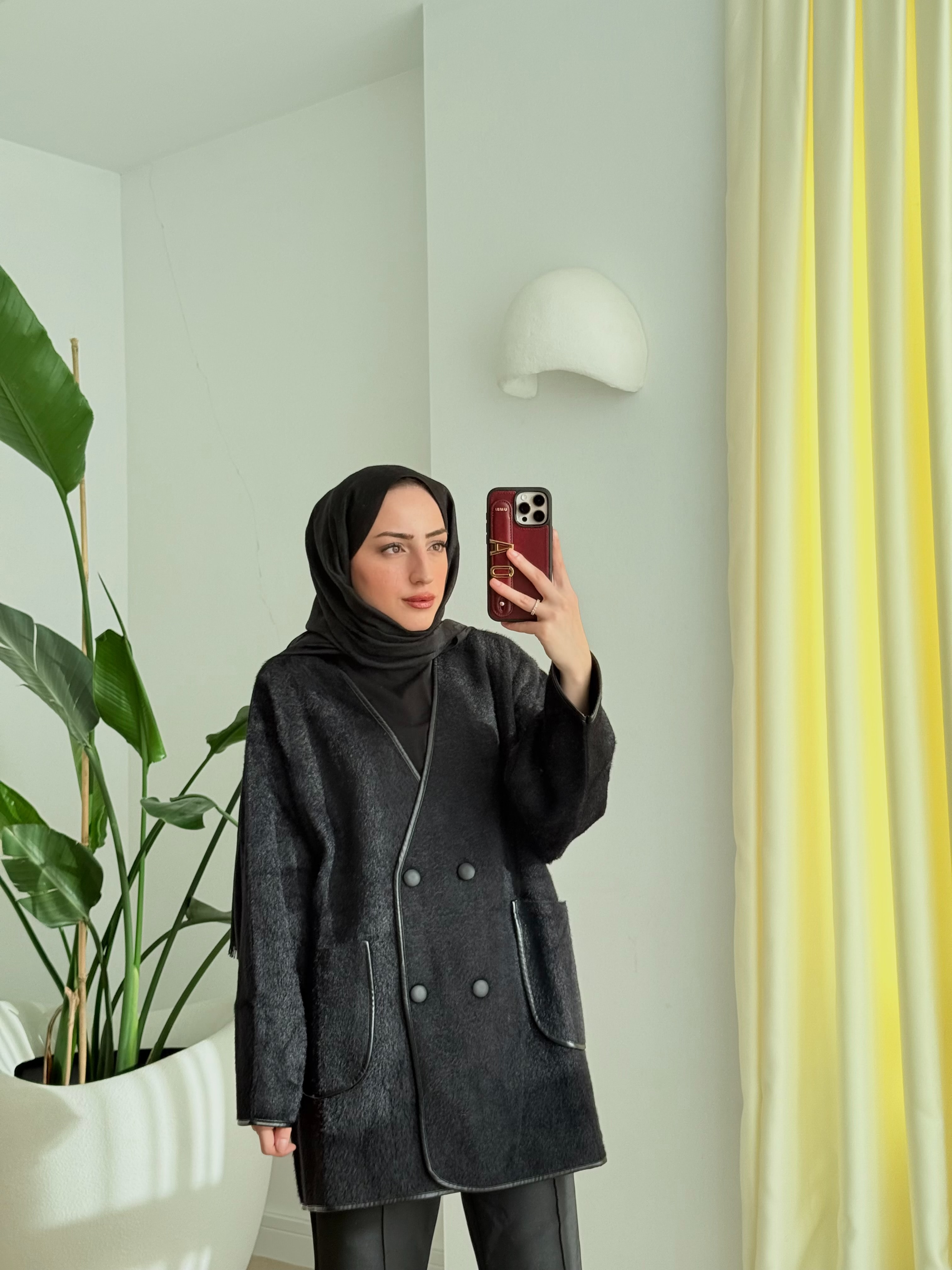 Deri biyeli angora hırka siyah