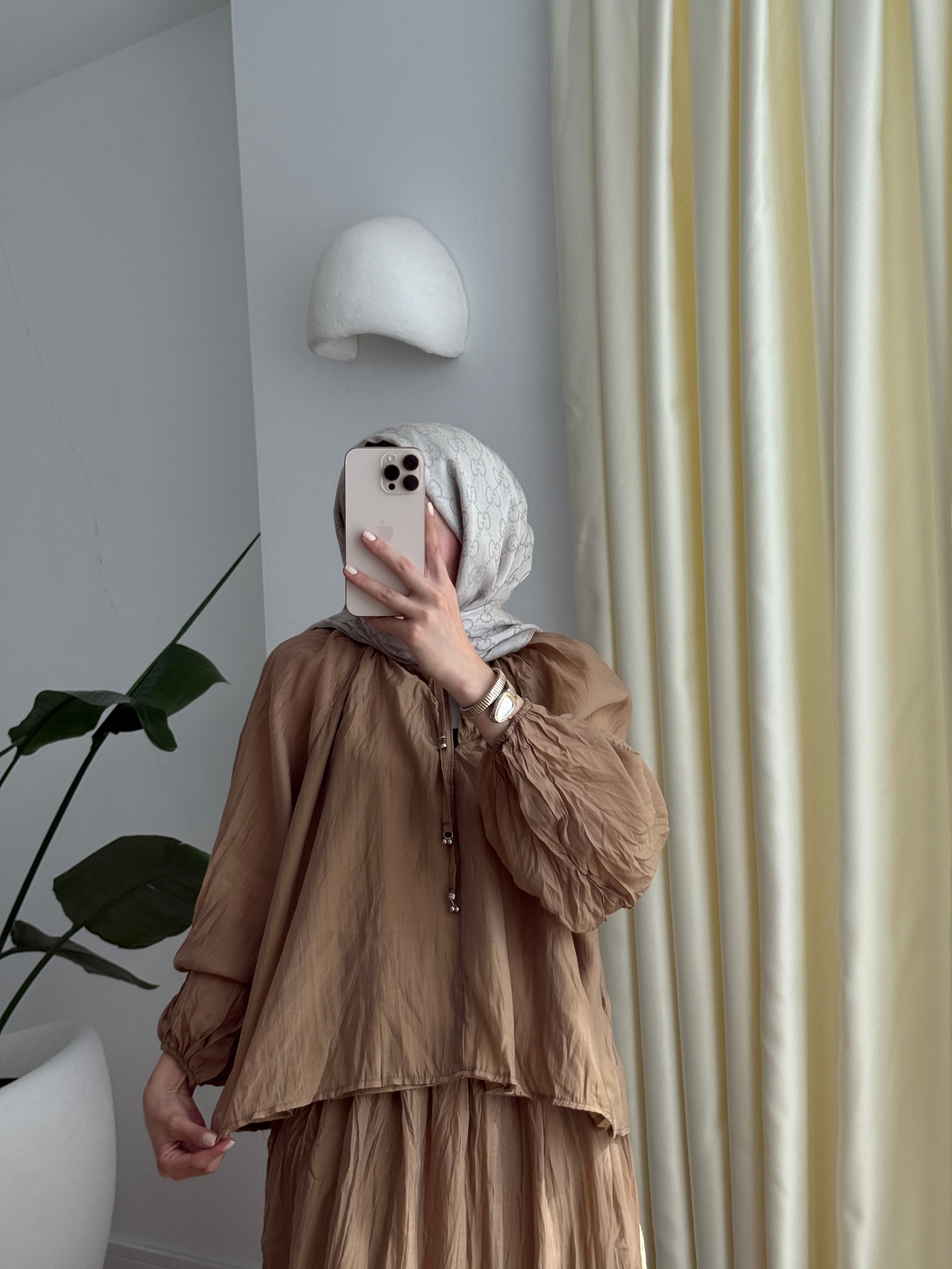 Kırışık tencel takım latte