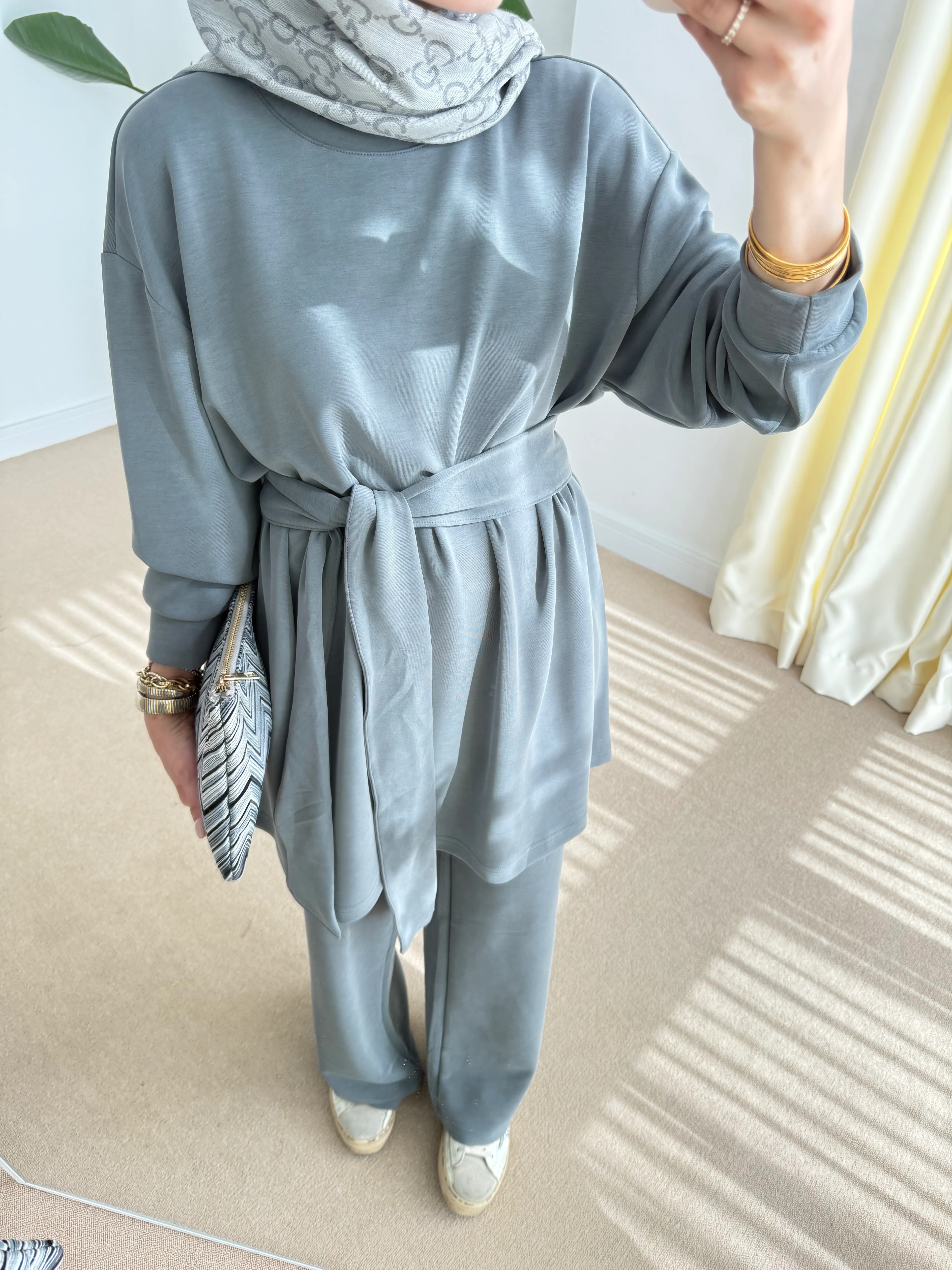 Kuşaklı Modal Takım Gri