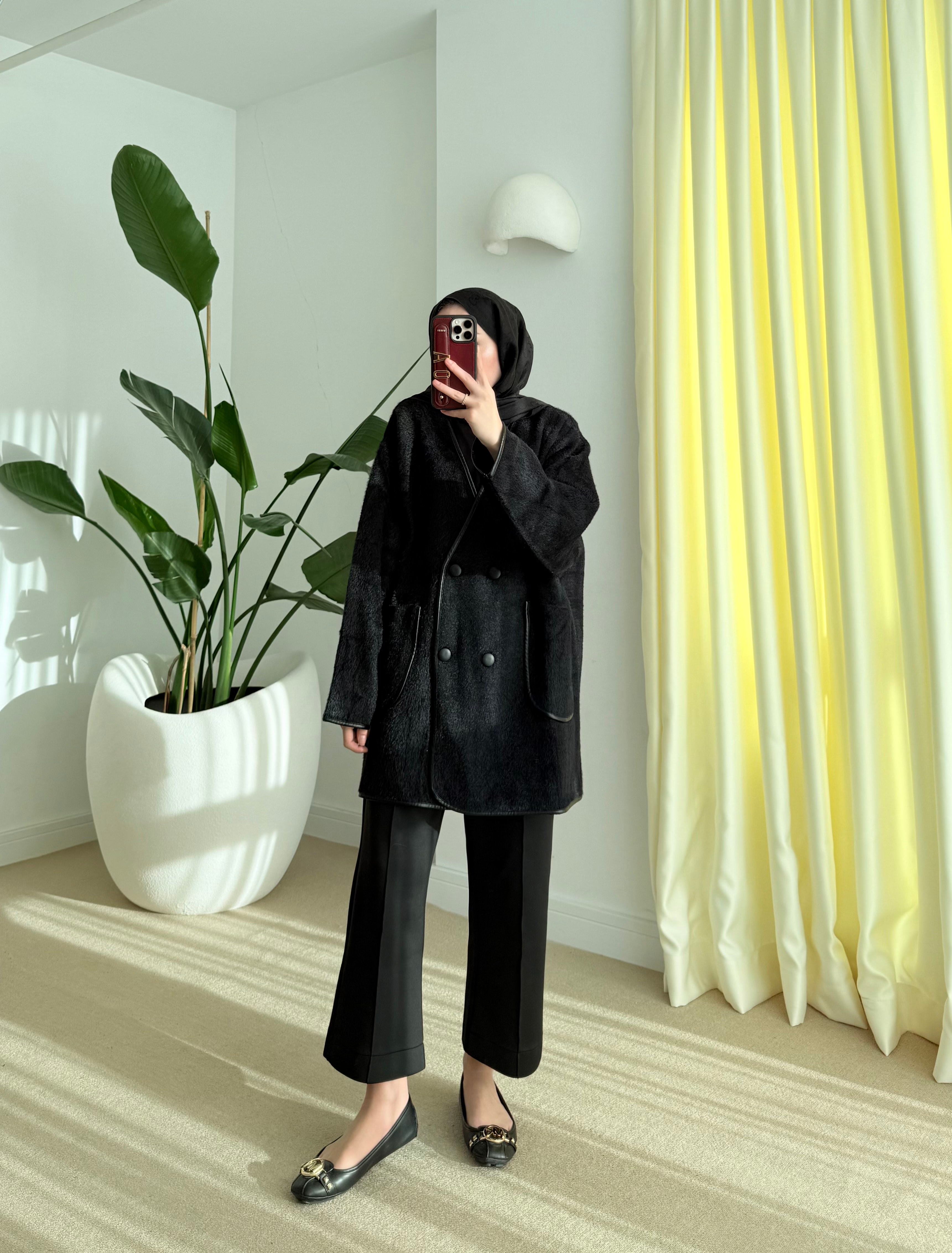 Deri biyeli angora hırka siyah