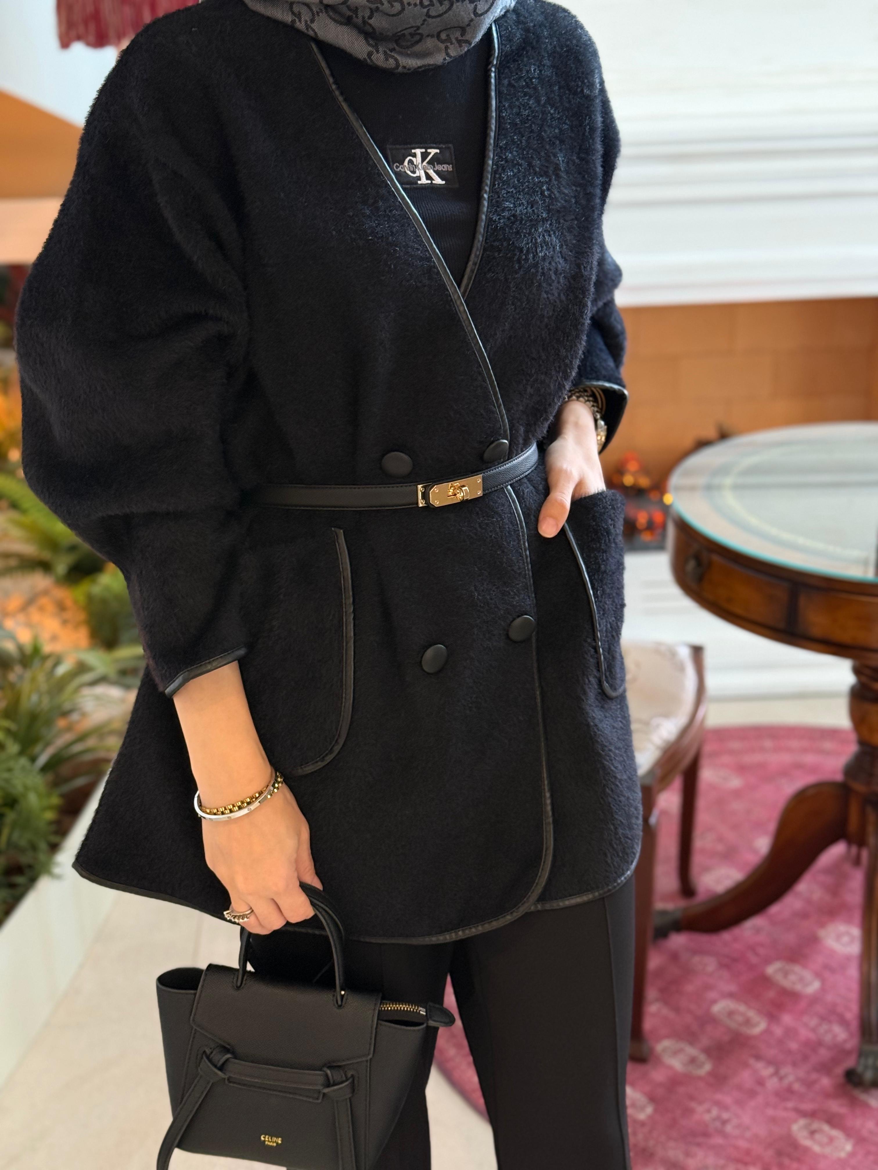 Deri biyeli angora hırka siyah