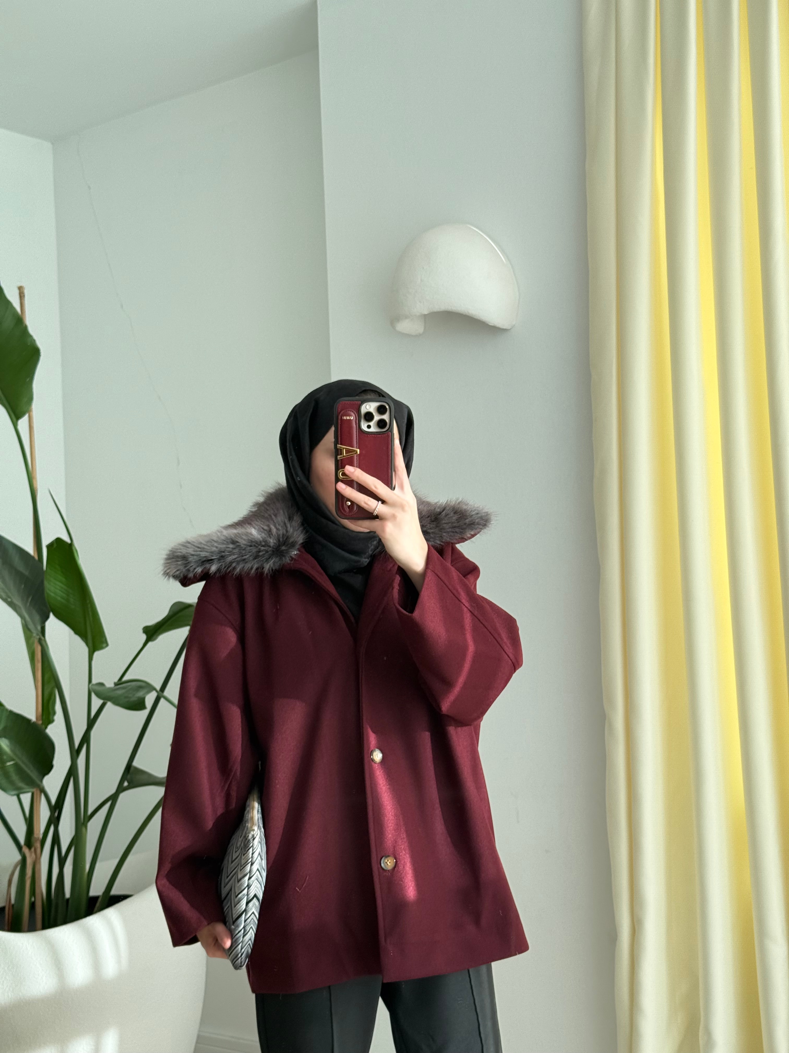 Kaşe Kürklü Kaban Bordo