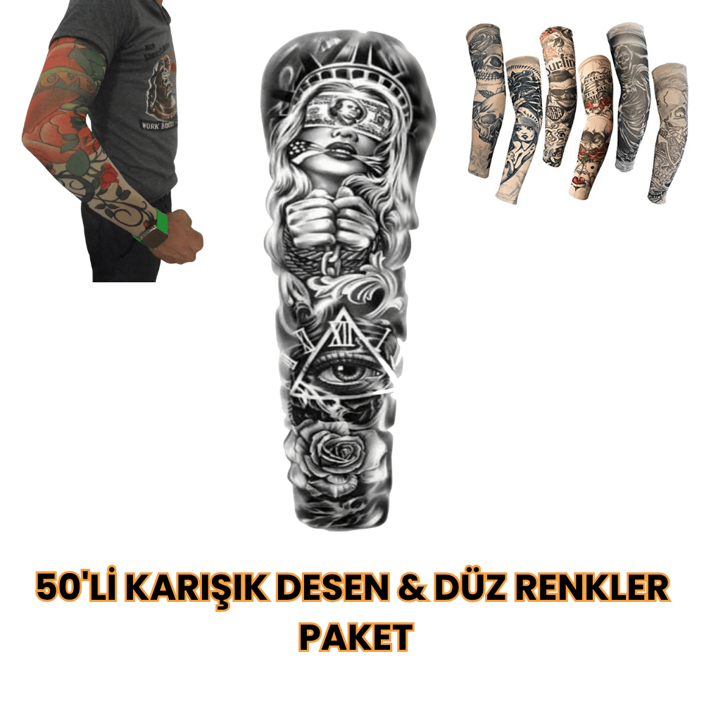 Kol Çorabı – Giyilebilir Dövme Kol Kılıfı | 50’li Karışık Desen Toptan Paket