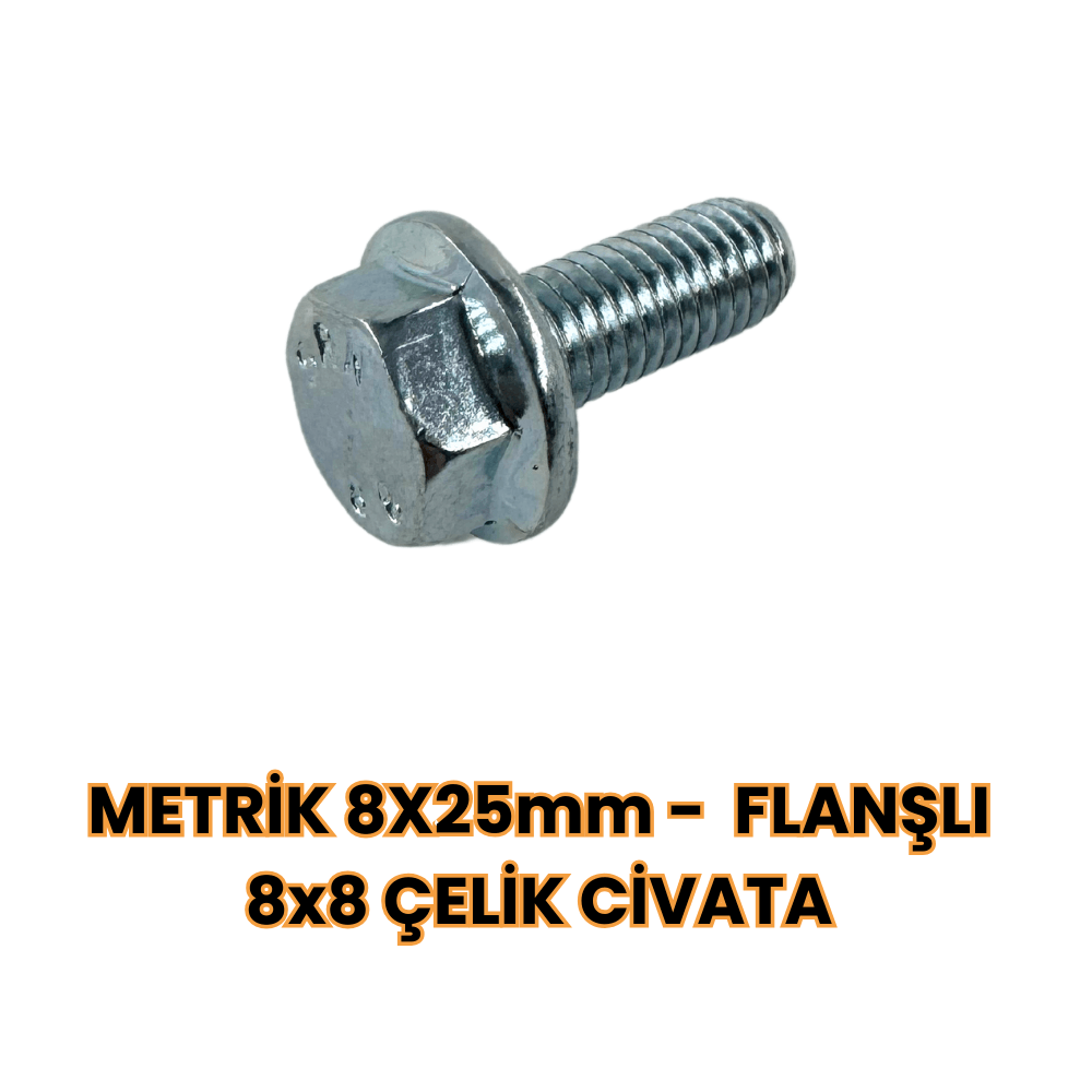 METRİK 8X 25mm - FLANŞLI 8X8 ÇELİK CİVATA 25'Lİ PAKET