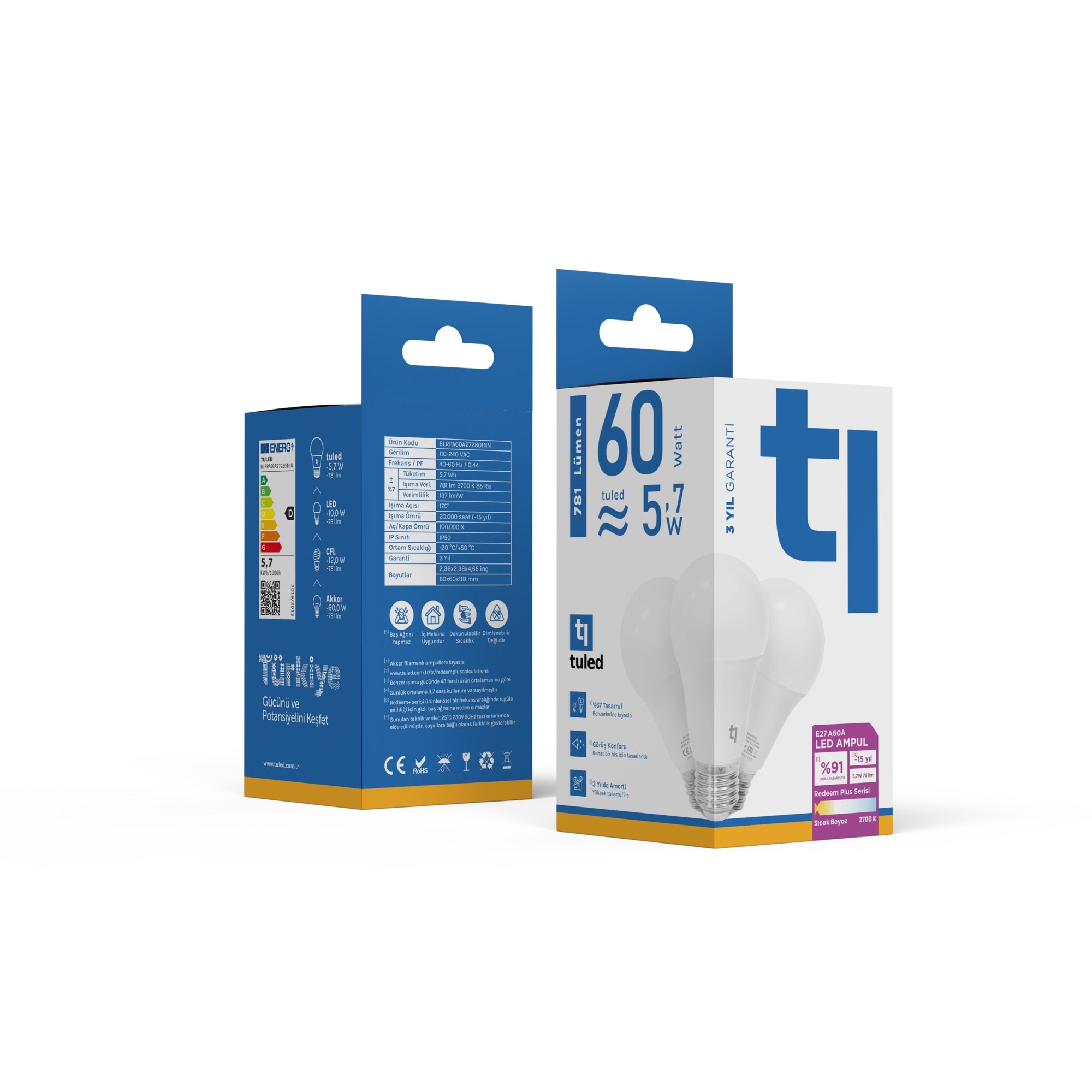 Tuled Redeem Plus A60A E27 LED Ampul, Titreşimsiz, Göz Konforu, Tekli