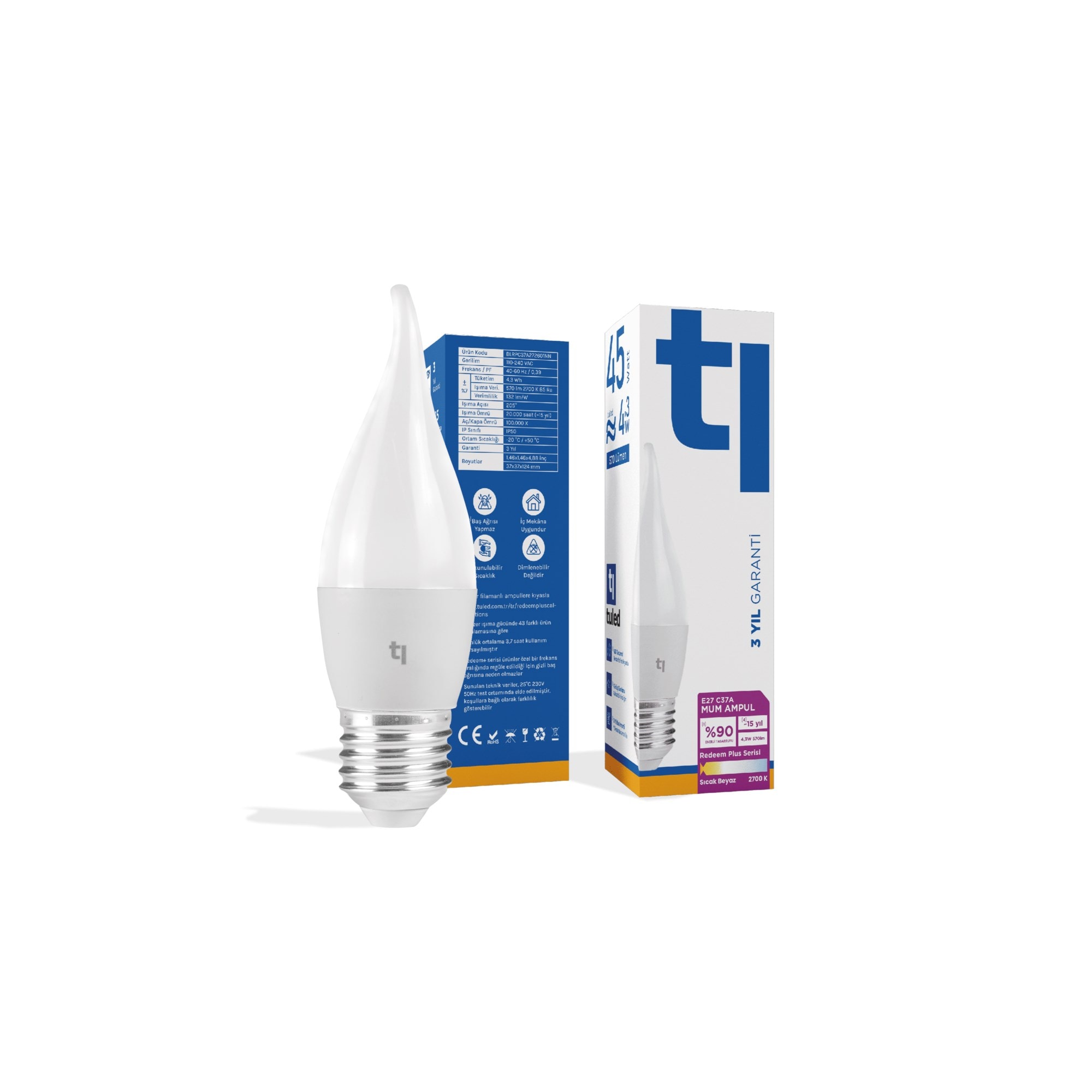 Tuled Redeem Plus C37A E27 Mum Ampul, Titreşimsiz, Göz Konforu, Tekli