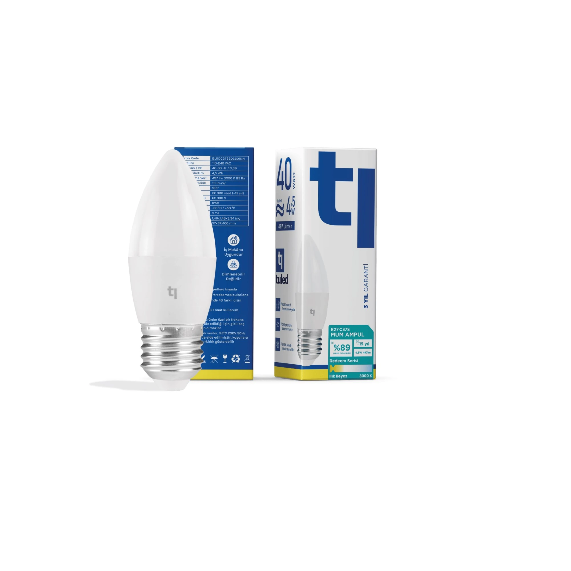 Tuled Redeem C37S E27 Mum Ampul, Titreşimsiz, Göz Konforu