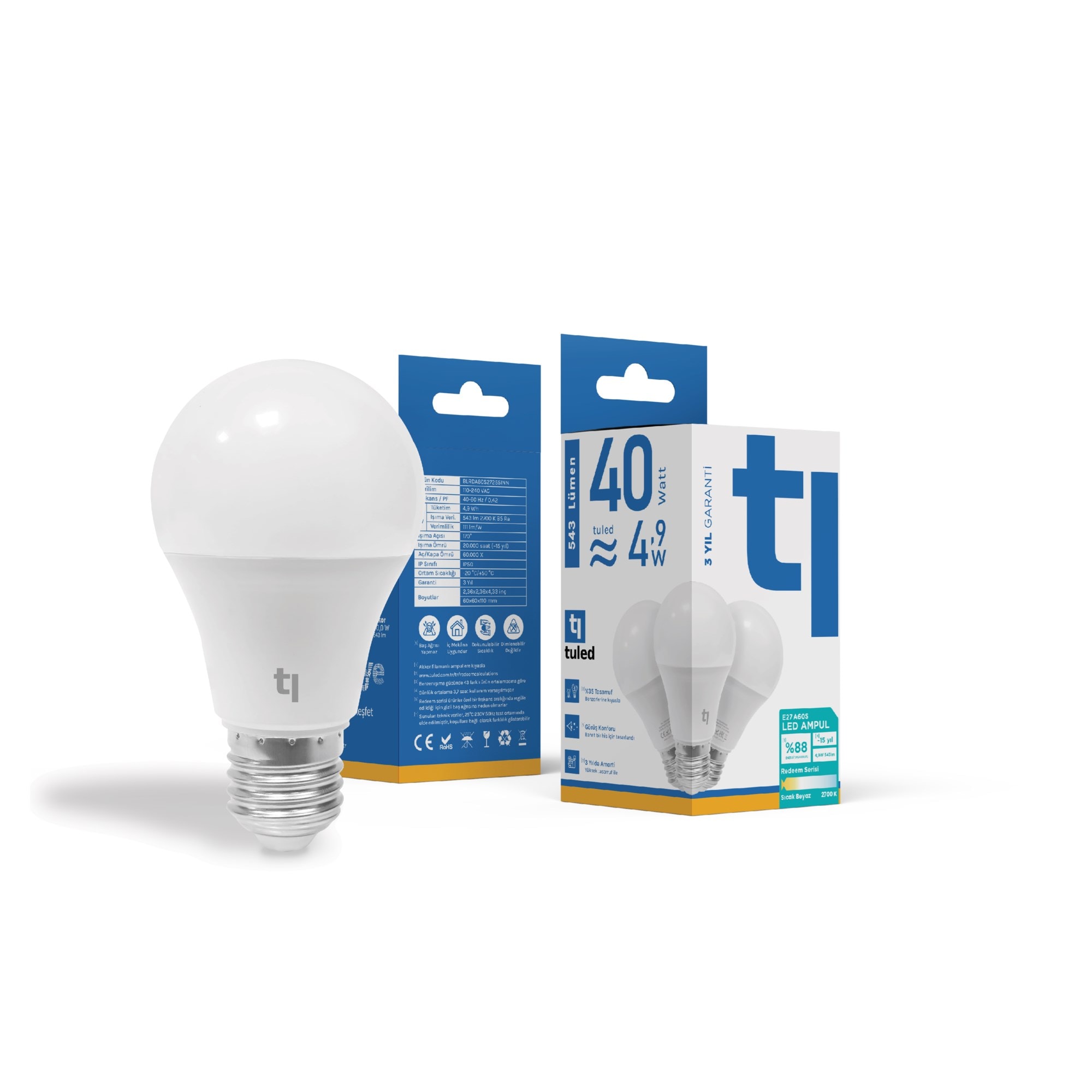 Tuled Redeem A60S E27 LED Ampul, Titreşimsiz, Göz Konforu, Tekli