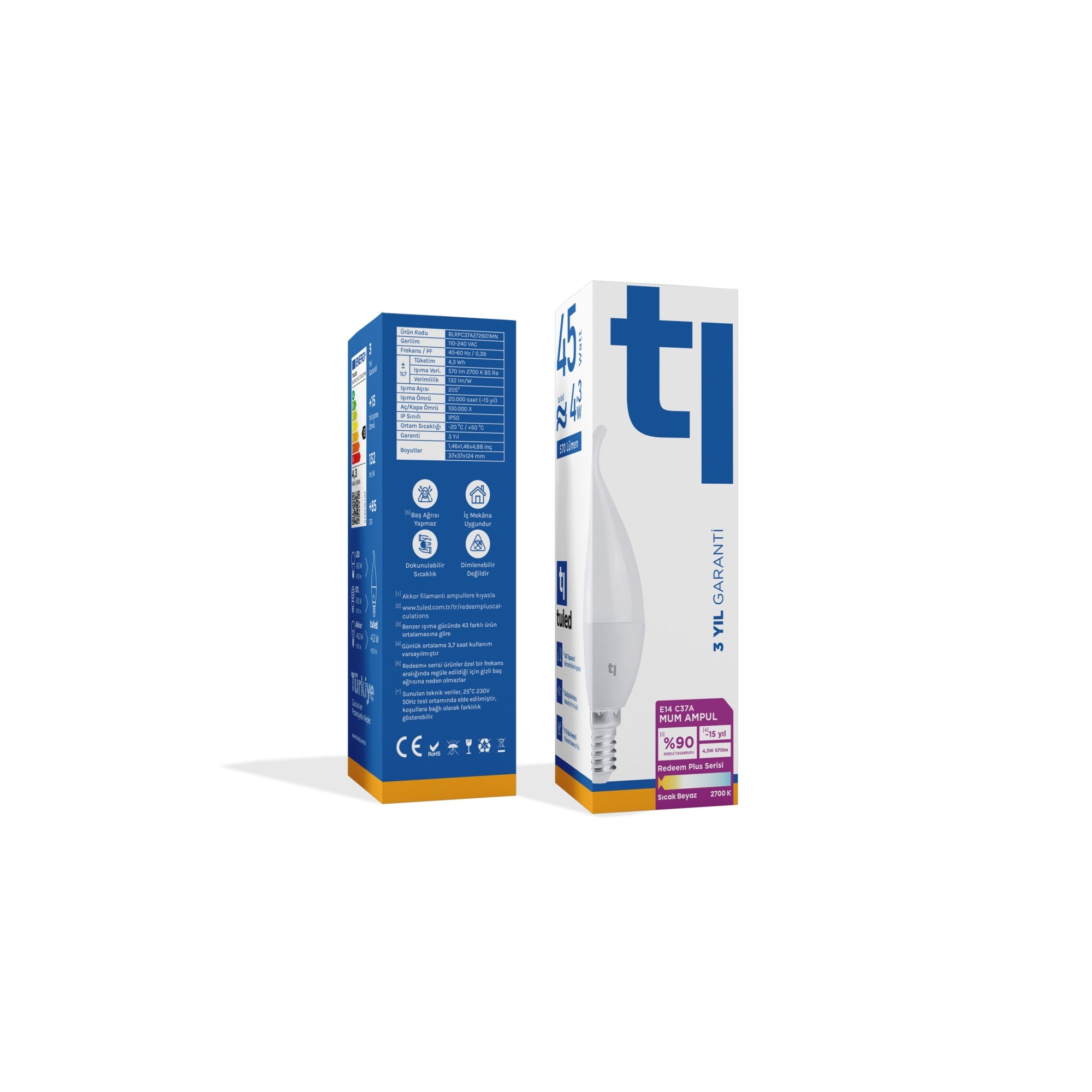 Tuled Redeem Plus C37A E14 Mum Ampul, Titreşimsiz, Göz Konforu, Tekli