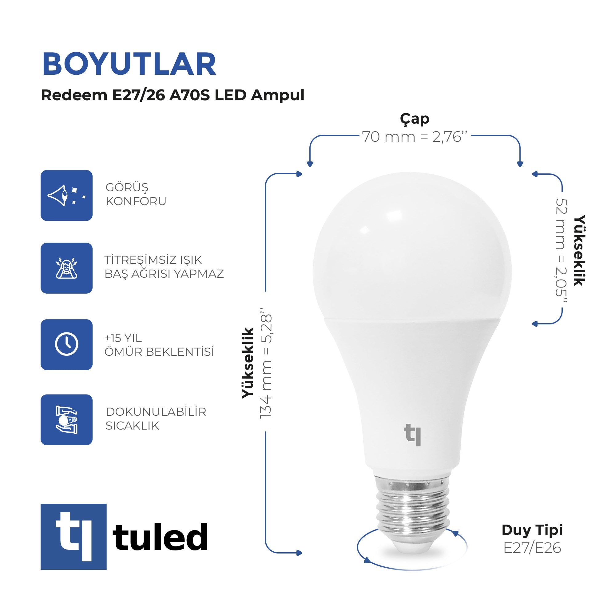 Tuled Redeem A70S E27 LED Ampul, Titreşimsiz, Göz Konforu, Tekli