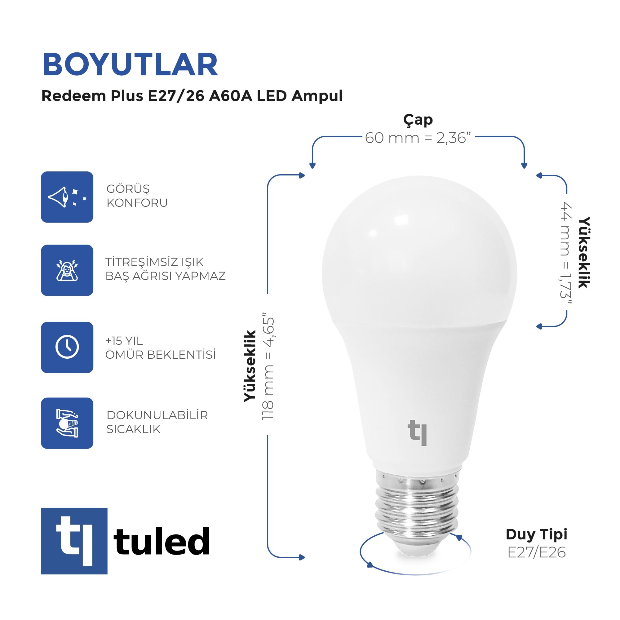 Tuled Redeem Plus A60A E27 LED Ampul, Titreşimsiz, Göz Konforu, Tekli