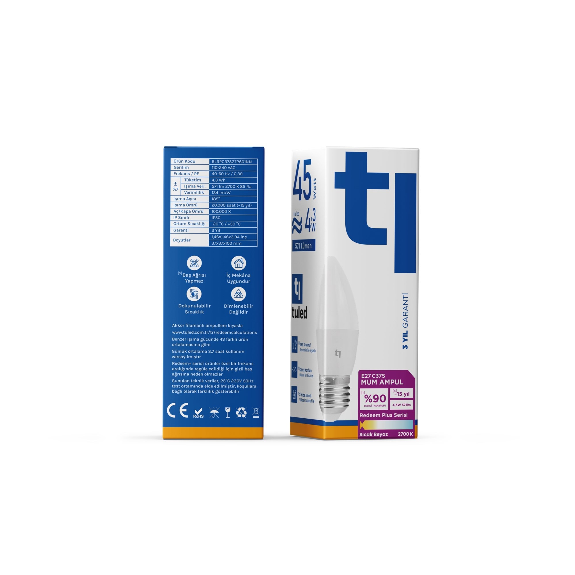 Tuled Redeem Plus C37S E27 Mum Ampul, Titreşimsiz, Göz Konforu, Tekli