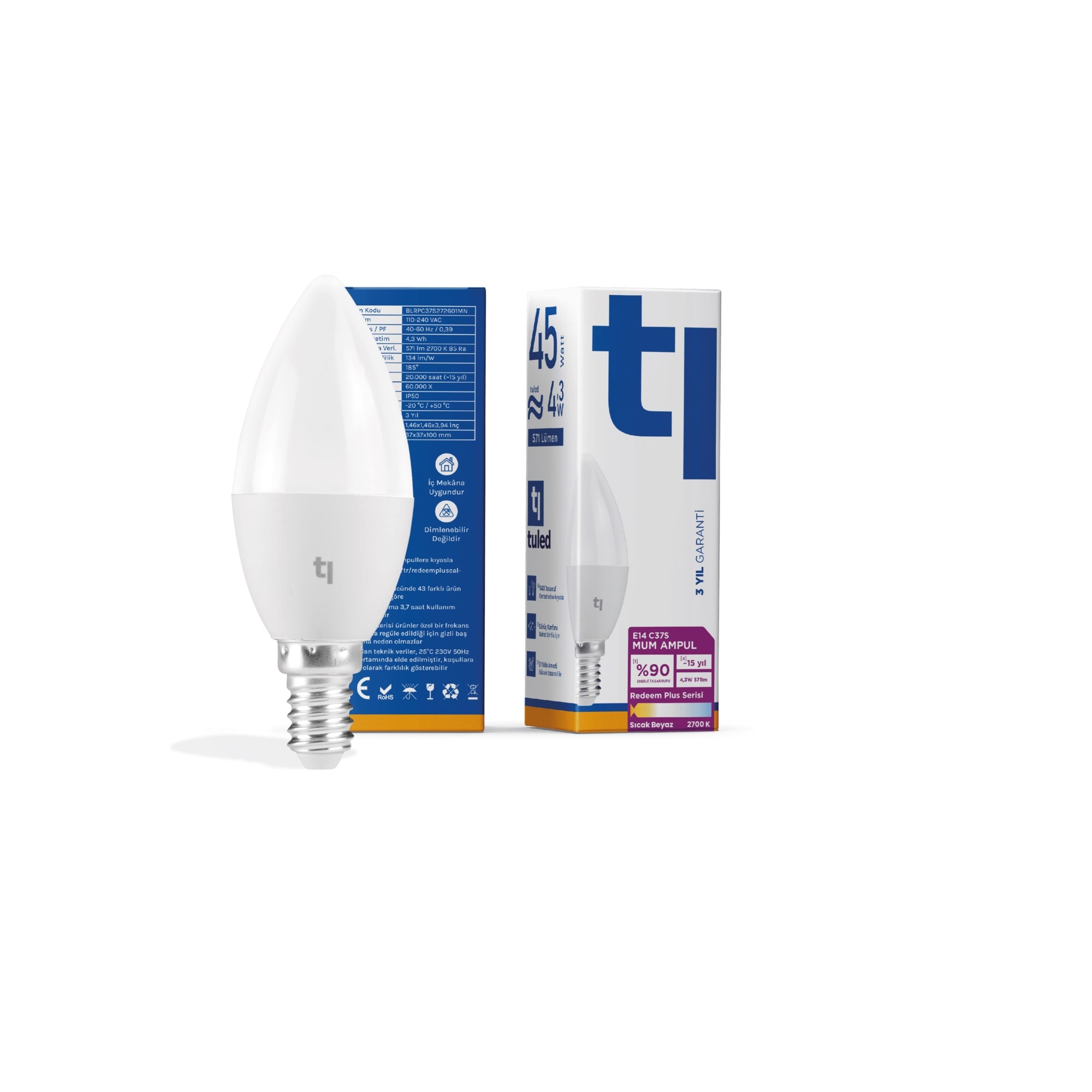 Tuled Redeem Plus C37S E14 Mum Ampul, Titreşimsiz, Göz Konforu, Tekli