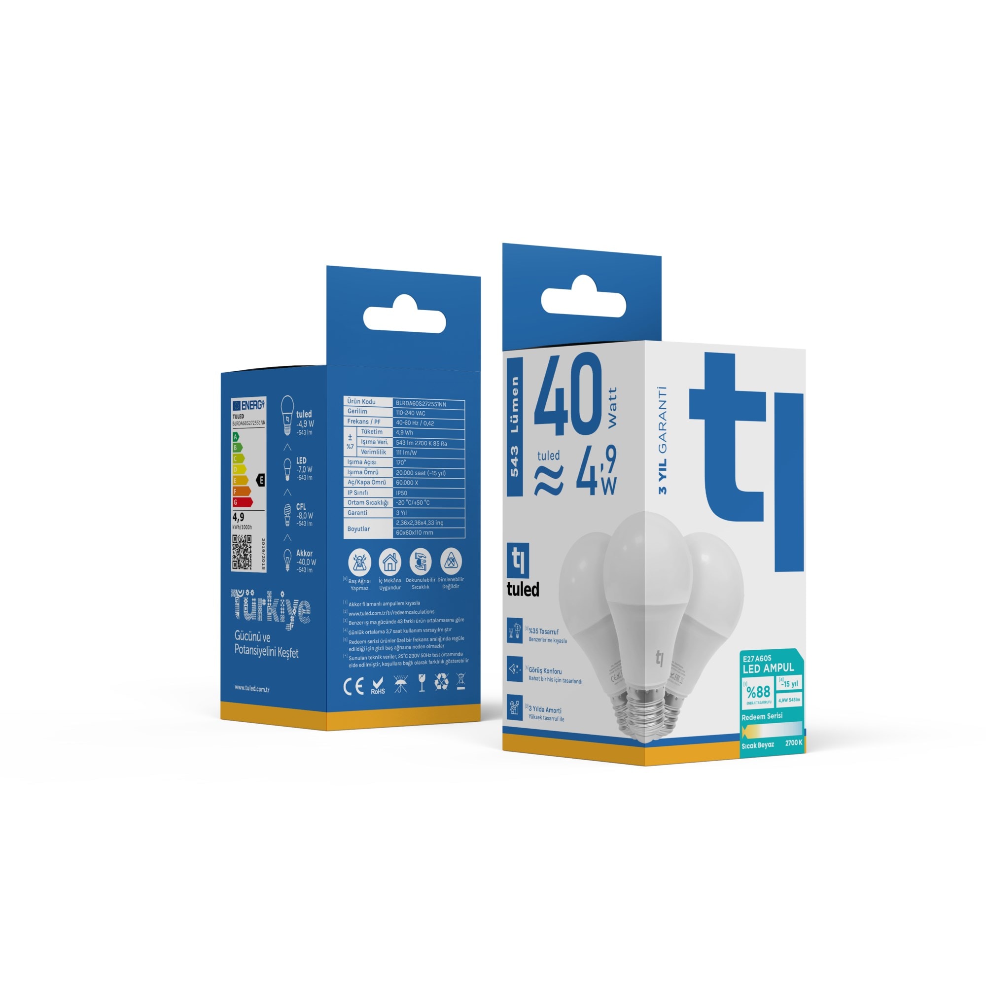 Tuled Redeem A60S E27 LED Ampul, Titreşimsiz, Göz Konforu, Tekli