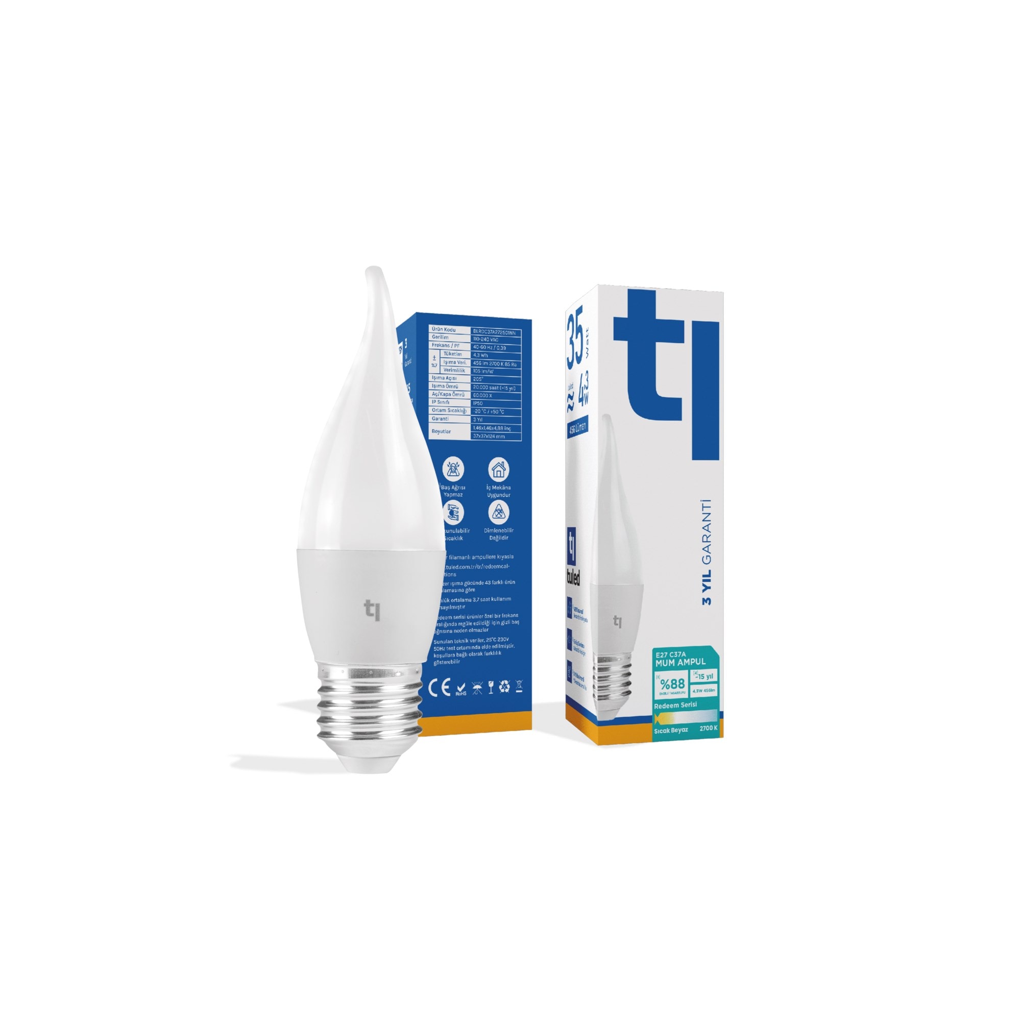 Tuled Redeem C37A E27 Mum Ampul, Titreşimsiz, Göz Konforu, Tekli